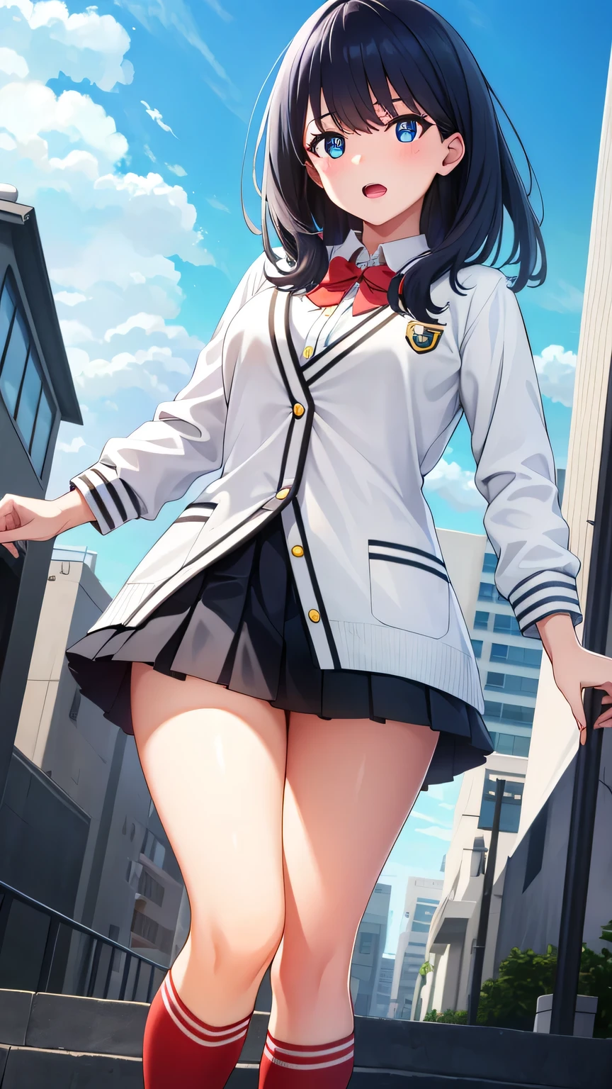 {{{masterpiece}}}, (best quality:1.5), (ultra-detailed:1.5), {illustration}, {{an extremely delicate and beautiful}}, (beautiful detailed eyes:1.6), absurdres, highres, extremely detailed face, 16k, hd, visual anime de uma jovem mulher, extremamente bonito rosto de anime, anime melhor garota, (perfect hands, perfect anatomy), anime face, Rikka, rikka takarada(SSSS.Gridman), cute face, 1girl, solo, black hair, medium hair, sidelocks, blue eyes, (High resolution eyes, Beautiful eyes, Light in the eyes), medium breasts, curvaceous, plump thighs, BREAK, white cardigan, close cardigan, buttons, long sleeves, white sleeves, white shirt, collared shirt, red bowtie, orange wrist scrunchie, (black skirt, microskirt, pleated skirt), thighs, red socks, crew socks, black footwear, BREAK, open mouth, flushed cheeks, walking, flushed cheeks, looking at viewer, outdoor, city, building, sky, daytime, cowboy shot