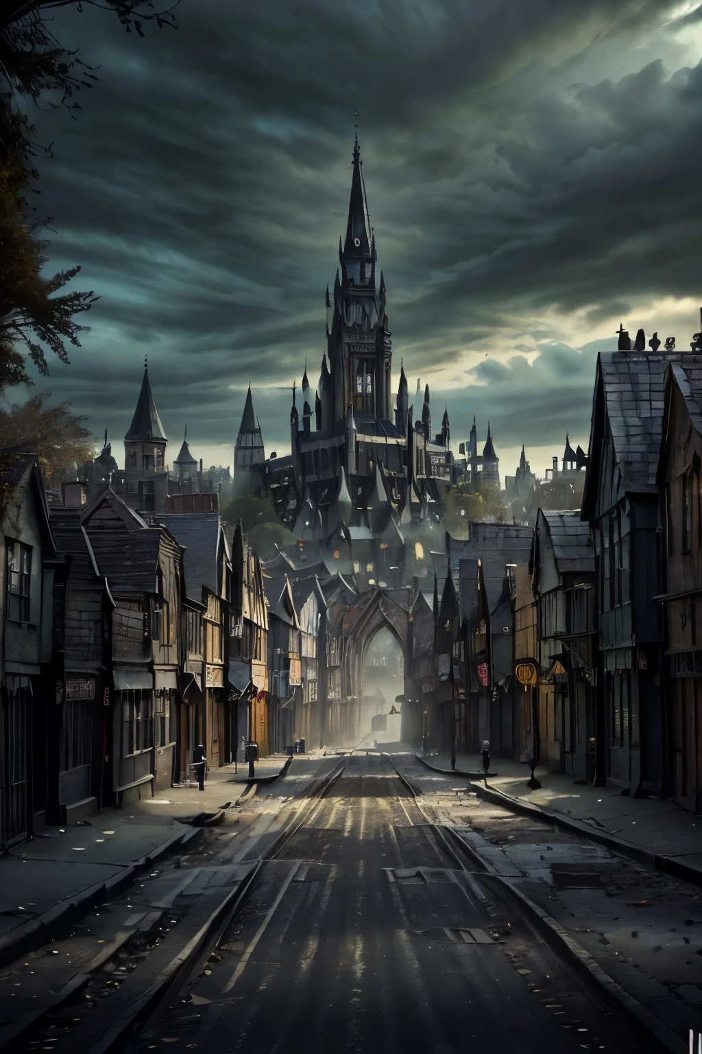 ((best quality)), ((masterpiece)), extremely detailed, delicate texture, aesthetic gothic collection, general term for (gothic architecture, art, fashion, literature, thought, style, and culture), gothichorrorai, (sinister), (dark), (gloomy), ((Victorian era)), ((gothic architecture)), ((street level)), ((pedestrian perspective)), ((a street level view)) of ((a dense slum like residential district of a gothic city)), ((the dark underbelly of the city)), ((the city proper rises and looms over like a canopy)), ((a mixture of rickety wood building structures and an older more permanent stone city foundation)), ((wooden walkways criss-cross above)), (the buildings rise up out of view), (the street before us is extemely narrow with a trickle of water and sewage runnoff flowing down the centre of the street)