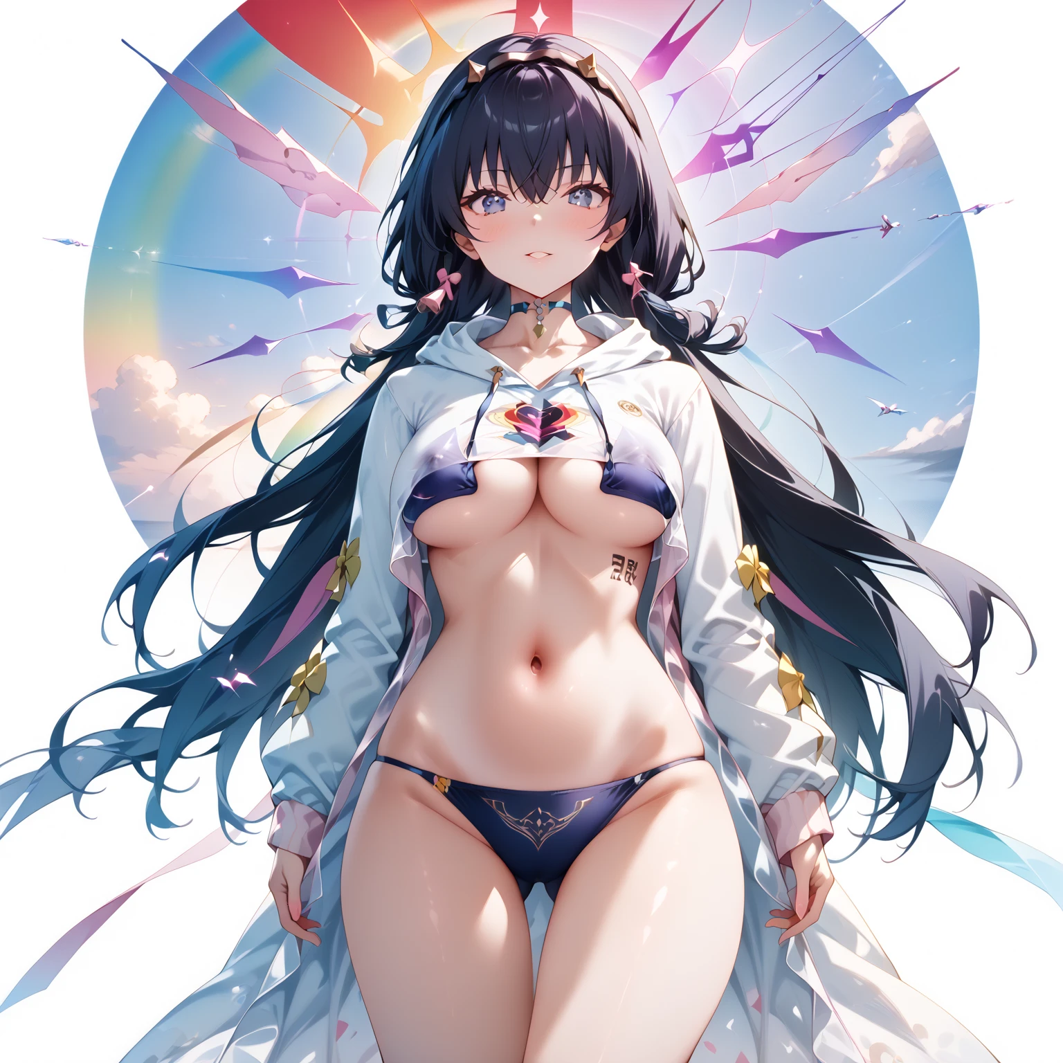 sakurajima mai,bunnygirl,Reveal a fleshy belly,Fleshy thighs,transparent shawl,Ocean park,Comic cover style,Comic cover title,8K