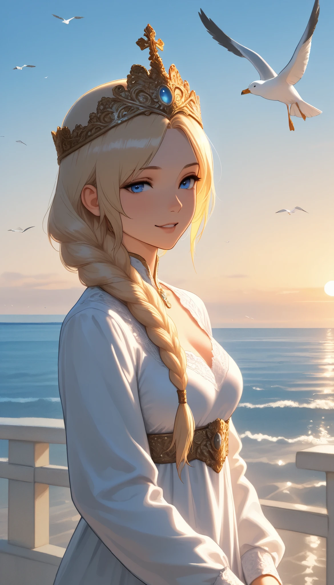 A girl came out of the sea , Princess Swan in Russian mythology , Beautiful and calm face, blue eyes, Long blonde hair braided, The moon is woven into the hair at the back of the head., Old Russian shiny white clothes, with a Kokoshnik crown on her head, loving gaze, Half-laugh, gentle expression, Background seascape and sunlight, Seagulls in the sky , whole body, photorealism