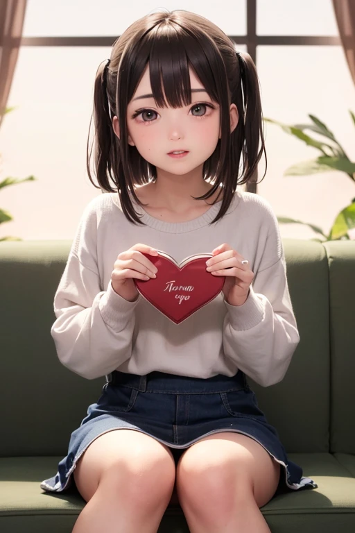valentine present, 1girl, blush, indoors, handing out, heart