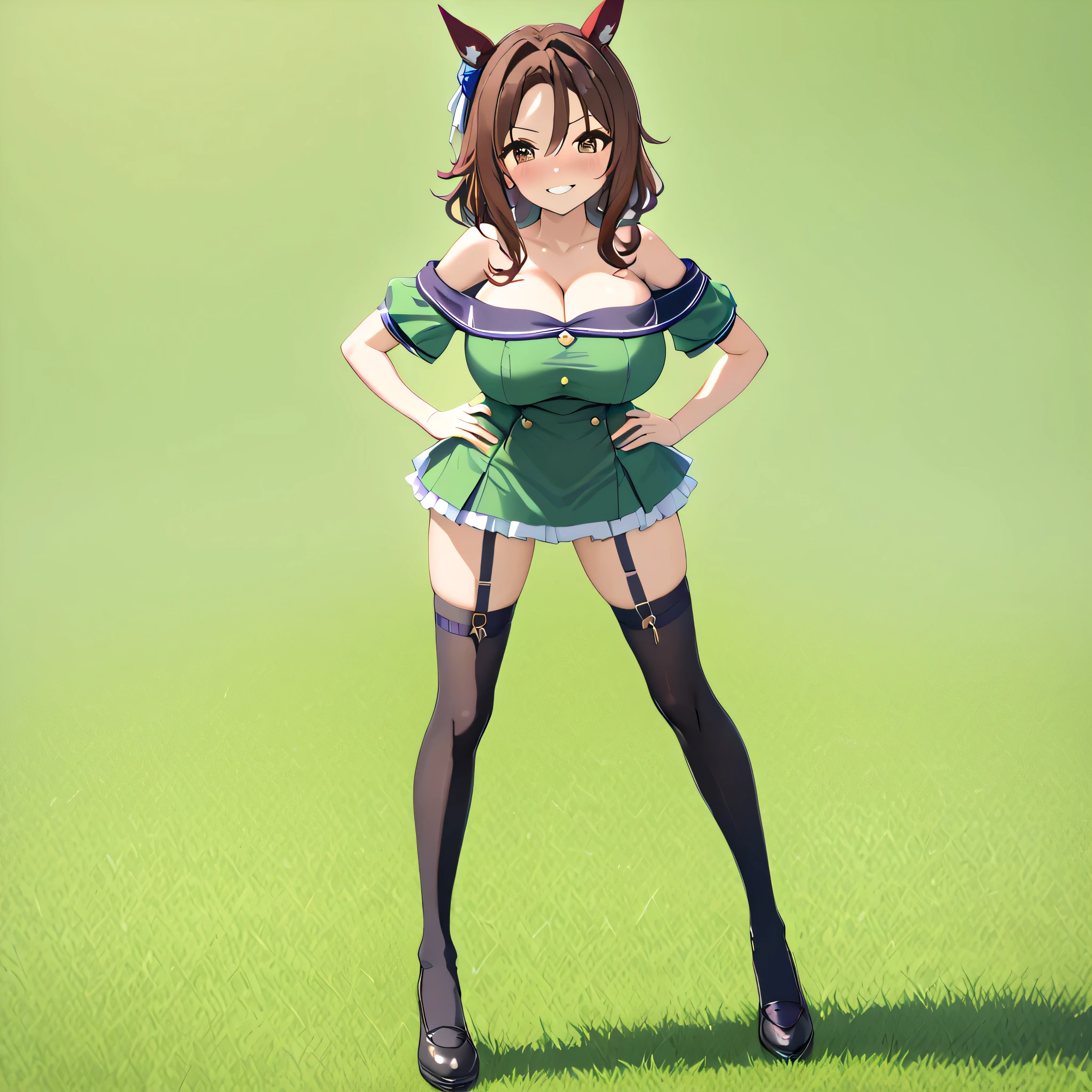 masterpiece, landscape, grass field, BREAK, (1 skinny girl standing with open legs:1.3), (umamusume\:1.3), (king halo \:1.2), BREAK, shoubufuku\, (too short skirt:1.1), thigh gap, (off-shoulder green dress cinches narrow waist too tight), full body, BREAK, brown hair, (both hands on her hip), (open legs), BREAK, (bursting large breasts:1.2), (too narrow wais)t, skinny waist, small stomach, skinny hip, (skinny long legs:1.2), (black thighhighs), thigh straps, BREAK, smile for viewer, nose blush