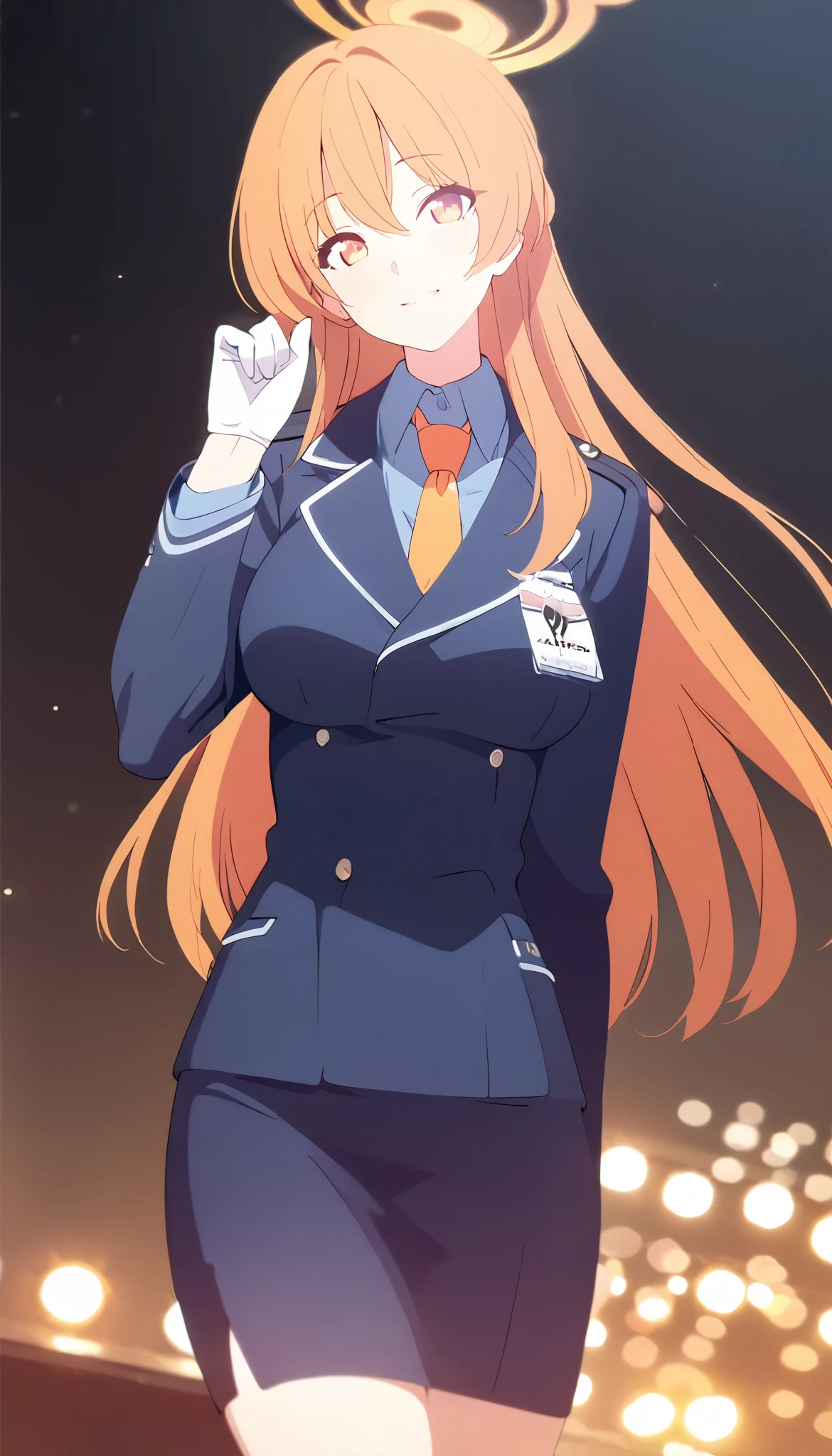 masterpiece, best quality, solo, 1girl, orange hair, long hair, orange eye, medium breast, orange halo, blue uniform, orange tie, standing, warm, mature, smile, black background only