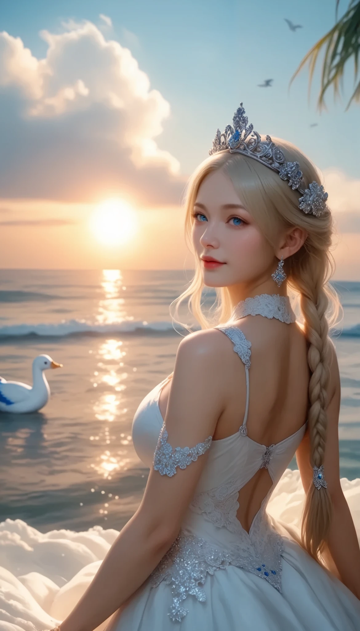 A girl came out of the sea , Princess Swan in Russian mythology , Beautiful and calm face, blue eyes, Long blonde hair braided, The moon is woven into the hair at the back of the head., Old Russian shiny white clothes, with a Kokoshnik crown on her head, loving gaze, Half-laugh, gentle expression, Background seascape and sunlight, Seagulls in the sky , whole body, photorealism