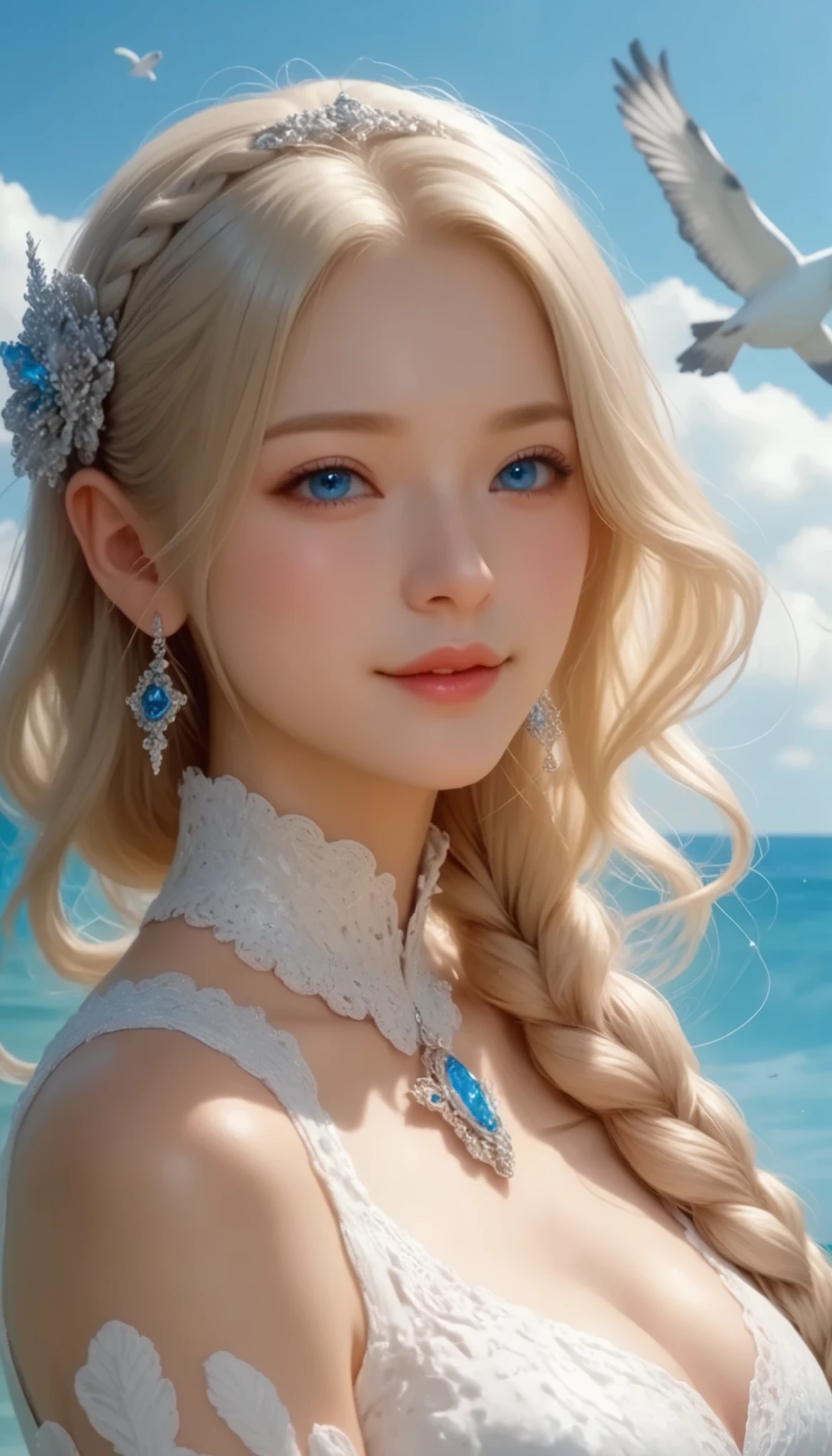 A girl came out of the sea , Princess Swan in Russian mythology , Beautiful and calm face, blue eyes, Long blonde hair braided, The moon is woven into the hair at the back of the head., Old Russian shiny white clothes, with a Kokoshnik crown on her head, loving gaze, Half-laugh, gentle expression, Background seascape and sunlight, Seagulls in the sky , whole body, photorealism
