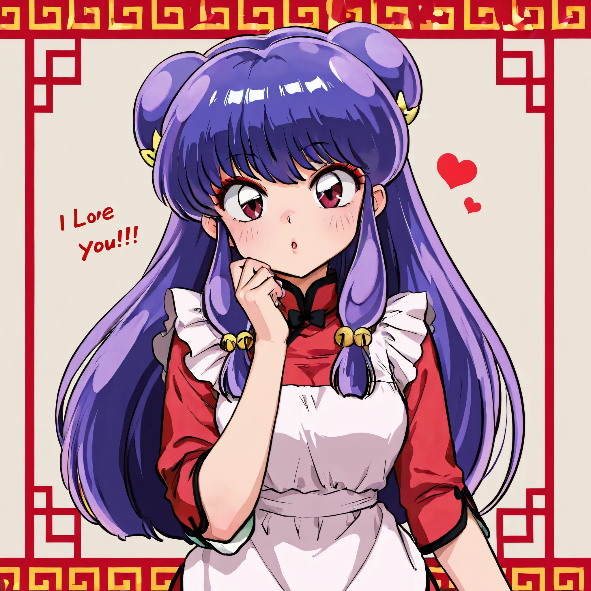 masterpiece, top quality , perfect face, Highest Resolution, 8k, 1 girl, shampoo (Ranma 1/2), young, red eyes, long hair, purple hair, Detailed depiction of bun knot hair , red eyeshadow, China Dress, apron dress, Chinese cuisine, I love you, A face in love, affectionate face,