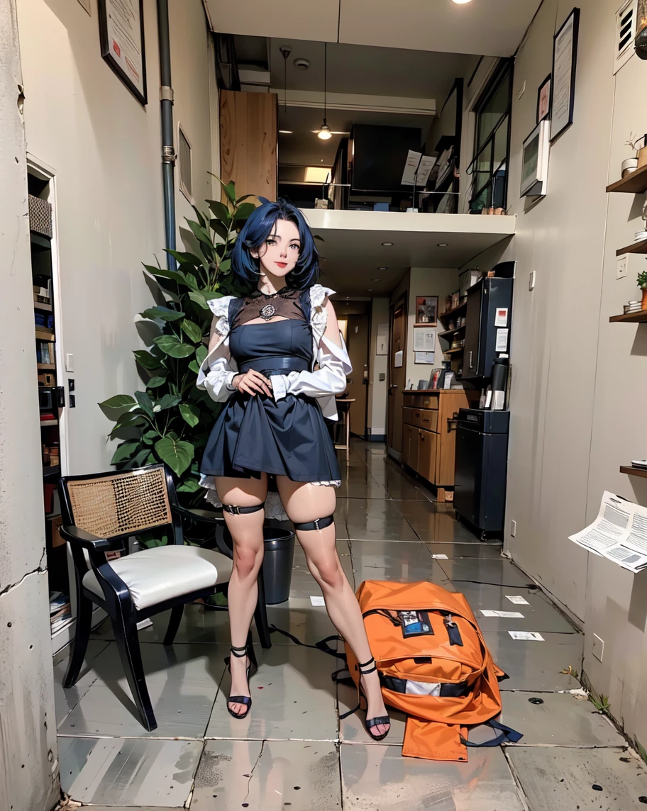 Rem from Re: Zero, she is wearing a tight white t-shirt, a gray mini skirt, and black tights. She is standing in front of a company counter. Anime Style