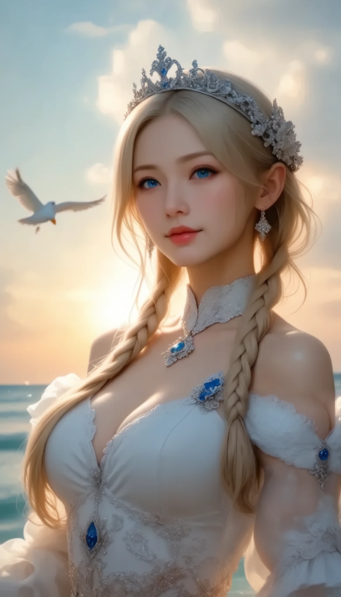  A girl came out of the sea , Princess Swan in Russian mythology , Beautiful and calm face,  blue eyes, Long blonde hair braided, The moon is woven into the hair at the back of the head., Old Russian shiny white clothes,  with a Kokoshnik crown on her head,  loving gaze, Half-laugh,  gentle expression, Background seascape and sunlight, Seagulls in the sky , whole body,   photorealism