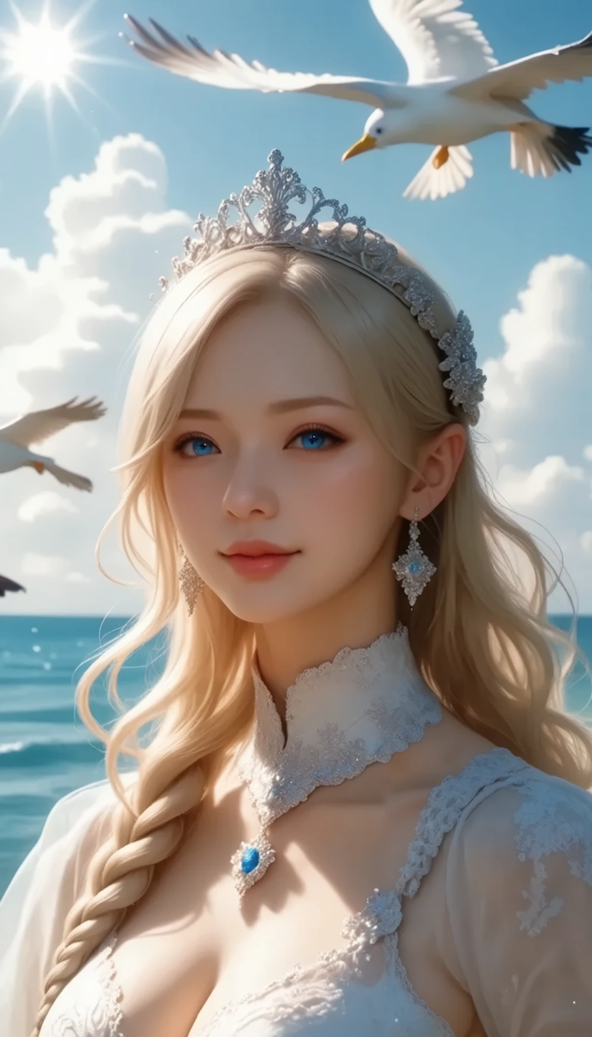 A girl came out of the sea , Princess Swan in Russian mythology , Beautiful and calm face, blue eyes, Long blonde hair braided, The moon is woven into the hair at the back of the head., Old Russian shiny white clothes, with a Kokoshnik crown on her head, loving gaze, Half-laugh, gentle expression, Background seascape and sunlight, Seagulls in the sky , whole body, photorealism