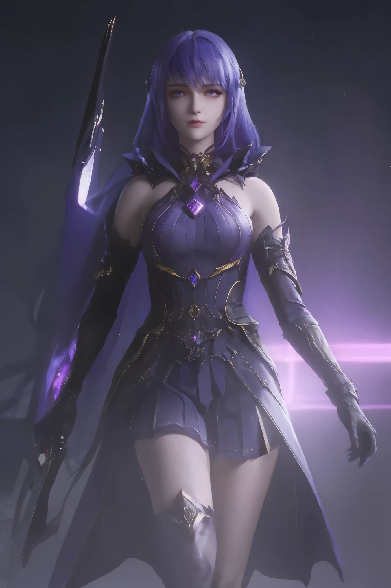 Masterpiece, Best Quality, 1girl, Official, Purple Eyes, Purple Hair, Bustiness, Cowboy Shot, Looking at the Audience, Dark, (Darkness), Cinematic Light, Edge Light, Delicate Eyes, (pureerosface_v1:0.5), Looking at the Audience, (Realisticity: 1.2), Provocative, Honkai Star Track, Cross-legged, Arrogant, Bangs Evil Face, Apocalyptic Background