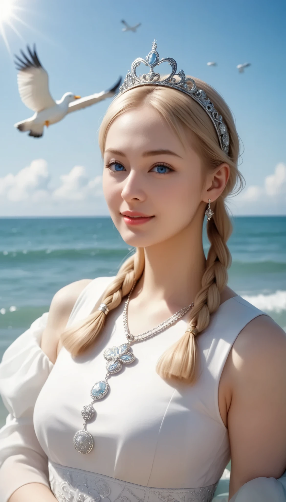  A girl came out of the sea , Princess Swan in Russian mythology , Beautiful and calm face,  blue eyes, Long blonde hair braided, The moon is woven into the hair at the back of the head., Old Russian shiny white clothes,  with a Kokoshnik crown on her head,  loving gaze, Half-laugh,  gentle expression, Background seascape and sunlight, Seagulls in the sky , whole body,   photorealism