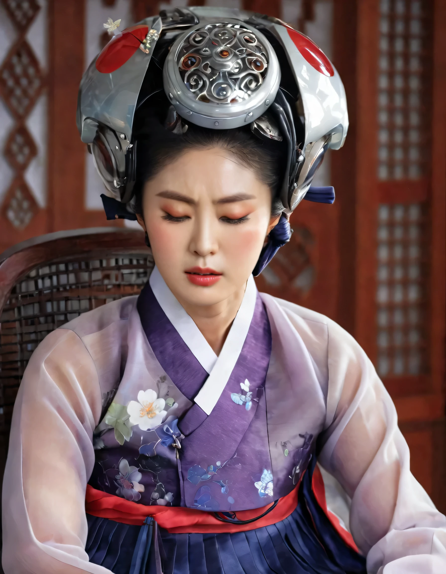 8k, A Korean man had surgery to change his body from male to female, his body is completely female, he has big breasts like a woman, but his face is not changed and still looks like a man, His hair is still manly and short, manly short hair, he is wearing a mother's hanbok dress costume, silk, Mother of the Bride Dress Outfit, black and red, Floral pattern, sexy, see-through, He sits upright in a special chair with complex electrical equipment, Being brainwashed, He is wearing a special helmet with multiple electric cords connected to it, Being brainwashed, brainwashing electronics attached to head, expressionless, eyes closed, unconscious