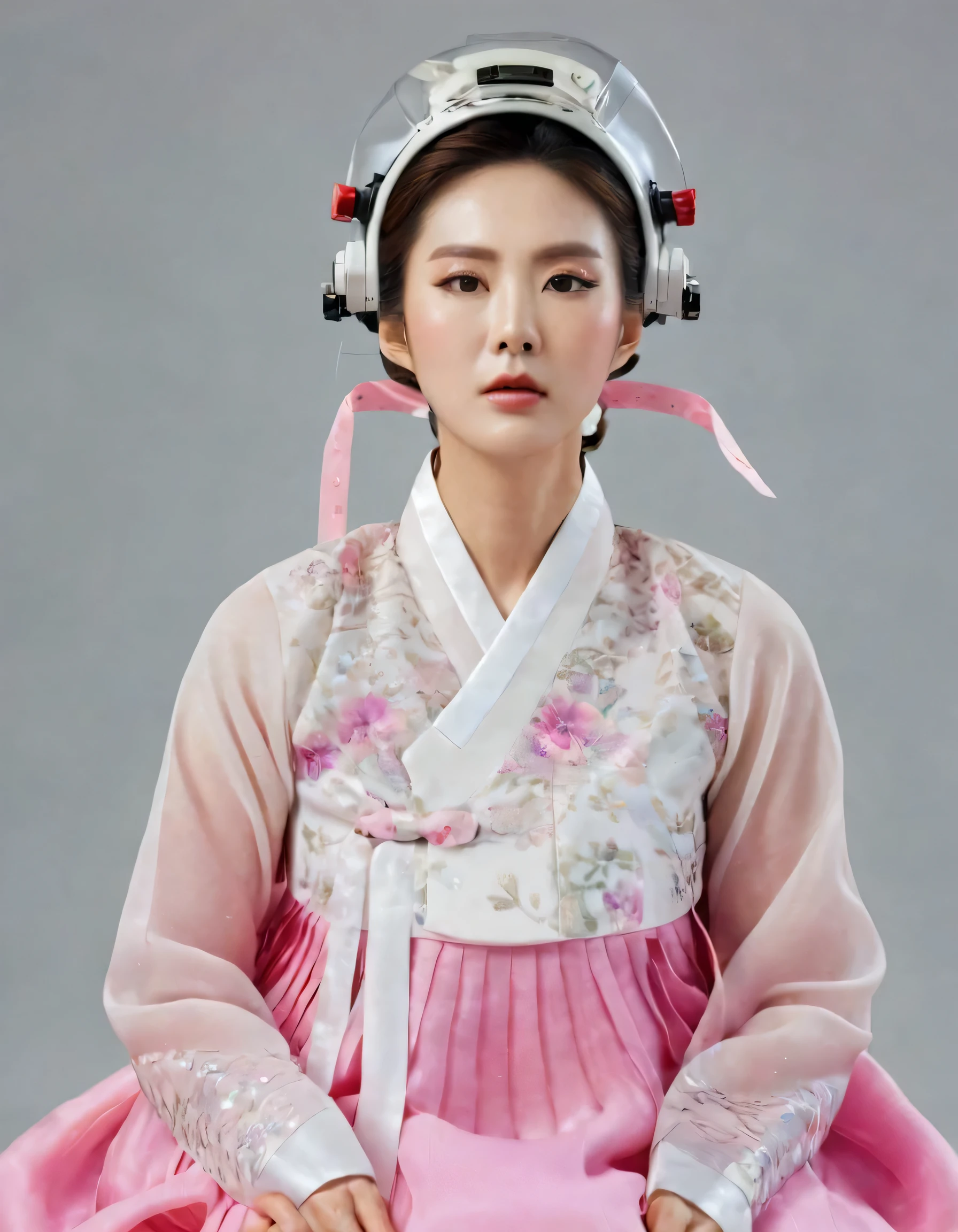 8k, A Korean man had surgery to change his body from male to female, his body is completely female, he has big breasts like a woman, but his face is not changed and still looks like a man, His hair is still manly and short, manly short hair, he is wearing a mother's hanbok dress costume, silk, Mother of the Bride Dress Outfit, white and pink, Floral pattern, sexy, see-through, He sits upright in a special chair with complex electrical equipment, Being brainwashed, He is wearing a special helmet with multiple electric cords connected to it, Being brainwashed, brainwashing electronics attached to head, expressionless, eyes closed, unconscious