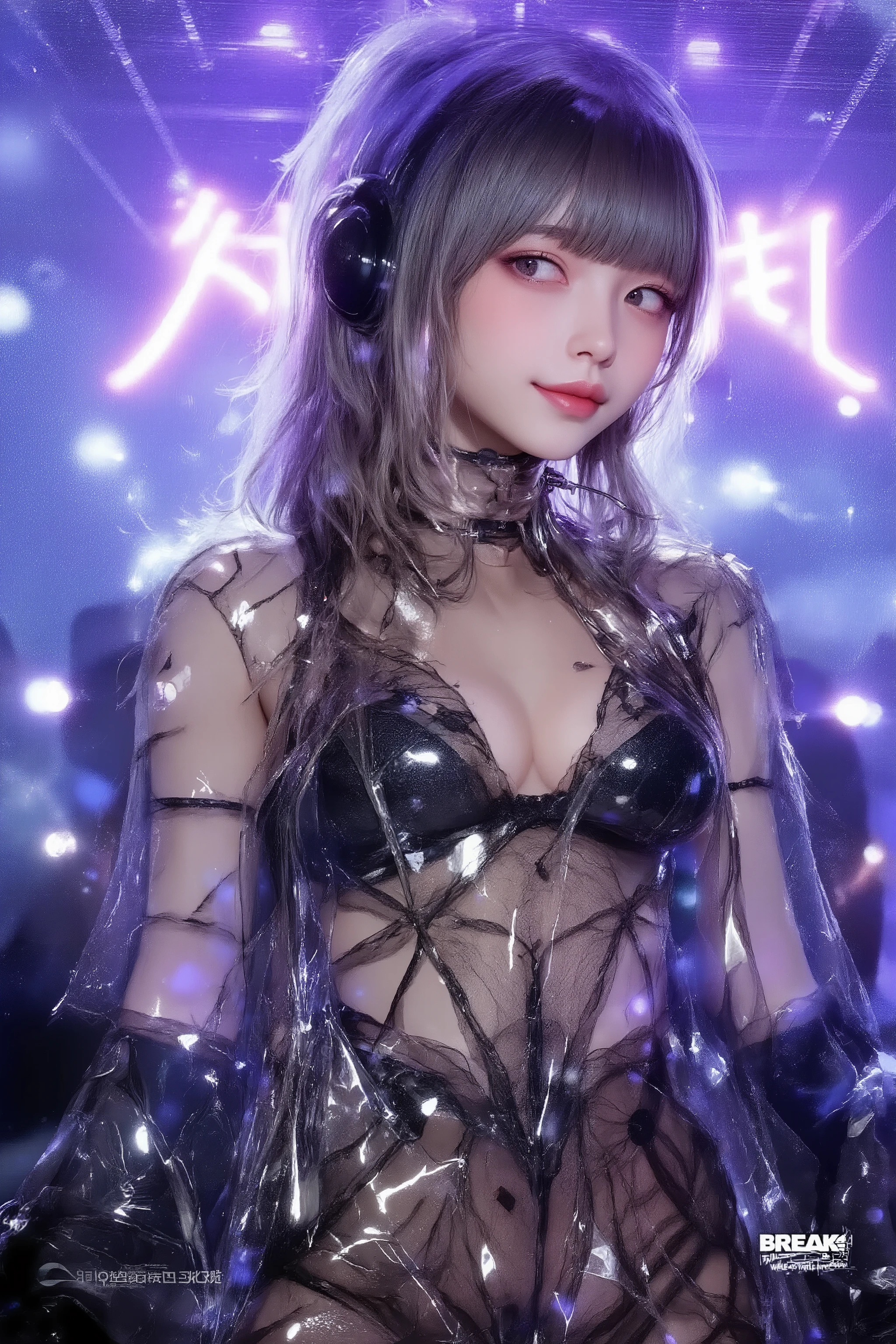 Photorealistic,best quality, highres, ultra-detailed, BREAK,hologram concert, virtual singer girl, ((Whole body translucent)),upper body only, waist-up projection,futuristic stage setup, neon lights, digital particles floating, Headset Microphonses, (very cute pose:1.5),(korean idol pose:1.5),dynamic pose,(very cute big smile),looking away, vibrant lighting effects, audience lights in background, immersive virtual atmosphere, sci-fi concert hall, BREAK,physically-based rendering, extreme detail description, professional,