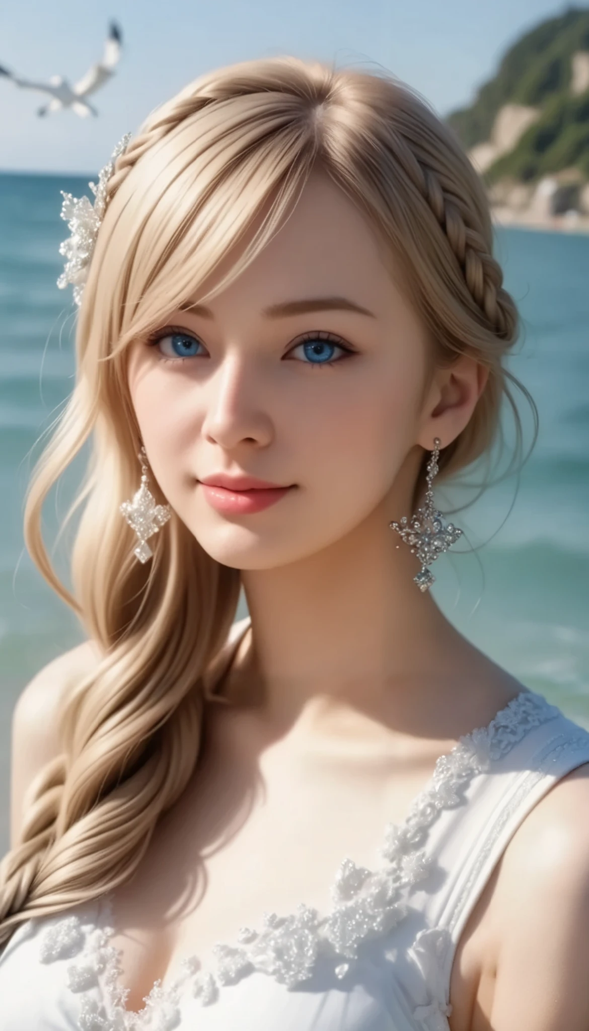 A girl came out of the sea , Princess Swan in Russian mythology , Beautiful and calm face, blue eyes, Long blonde hair braided, The moon is woven into the hair at the back of the head., Old Russian shiny white clothes, with a Kokoshnik crown on her head, loving gaze, Half-laugh, gentle expression, Background seascape and sunlight, Seagulls in the sky , whole body, photorealism