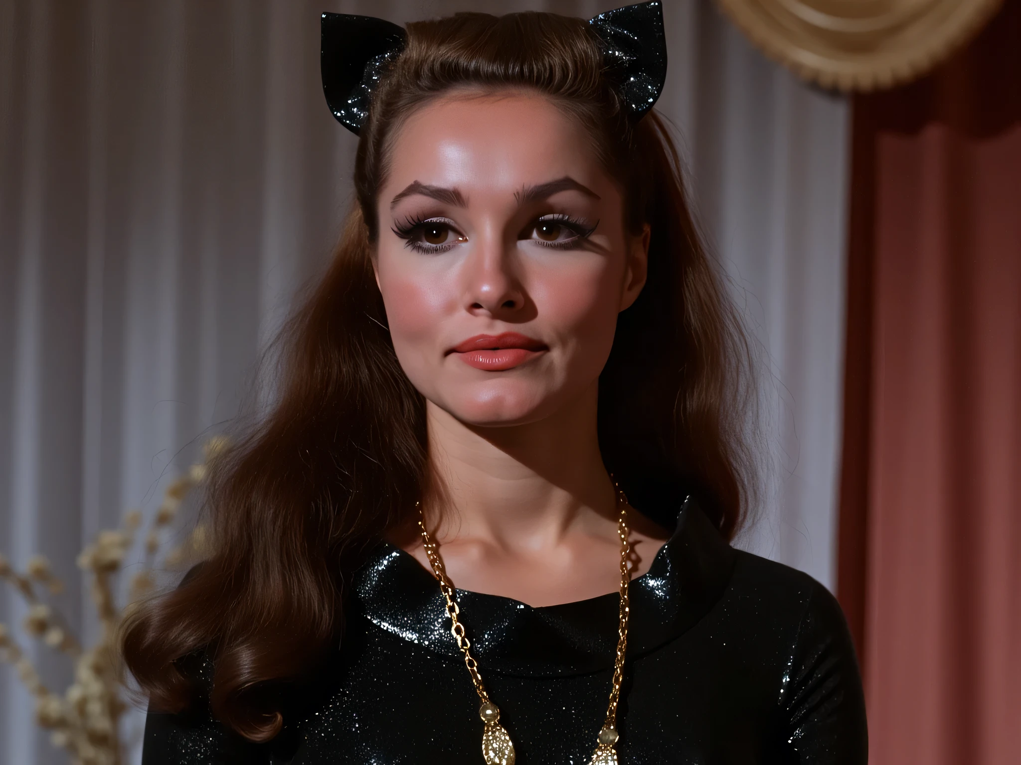 1 gorgeous nubile woman with long curvy hair, wearing catwoman metallic latex suit, with eyes wide open in mindless stare, 3:2 full frontal body portrait, (eyes wide open, wide open eyes, blank stare, best detailed face, best lifelike face, best lifelike nose and eyes), long wavy hair pulled back, pulled back into hairstyle with side hair bundles, hair with ponytail, pucker lips, pale snowy colored skin, huge hoop earrings, bodacious, playboy playmate archetype, perfect bikini body, (((massive breasts))), show cameltoe, show underboobs, mindless facial expression, deeply hypnotized facial expression, deeply entranced facial expression, bright foreground, (RAW Photo, 12K, best quality, best masterpiece, hires, best realism, best photorealism, vivid colors and extremely bright natural indoor lighting)