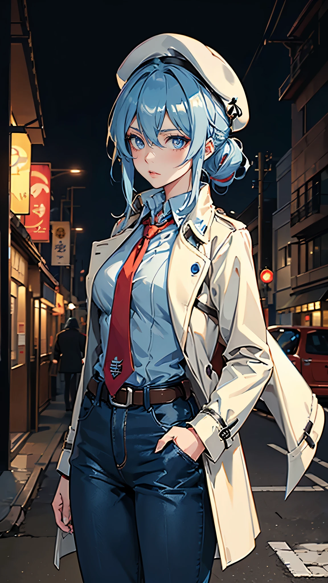 a half length portrait of a person wearing a hat and a red tie,(2 d anime style),(tall anime girl with blue eyes), female protagonist 👀 :8, nagito komaeda, anime character, 2 d anime, from girls frontline, anime moe artstyle, best anime 4k konachan wallpaper, female anime character, girls frontline style, trigger anime artstyle, detective costume, blue jeans, (cream trench coat), sherlock holmes female cosplay, beret, blue hair, 17th century steampunk London street night, anime hairstyle, ((loose clothes)), dark rainy background, street light, CaseySelmoy, 1girl, short hair, blue eyes, blonde hair, shirt, hat, light blue hair, jacket, white shirt, necktie, collared shirt, (blue baggy pants), coat, low ponytail, Her hairstyle can be described as "ponytail with bangs". (The hair is parted in the middle, with loose, slightly wavy ponytail tied low, and soft messy bangs covering part of her forehead), (tall slim adult body)