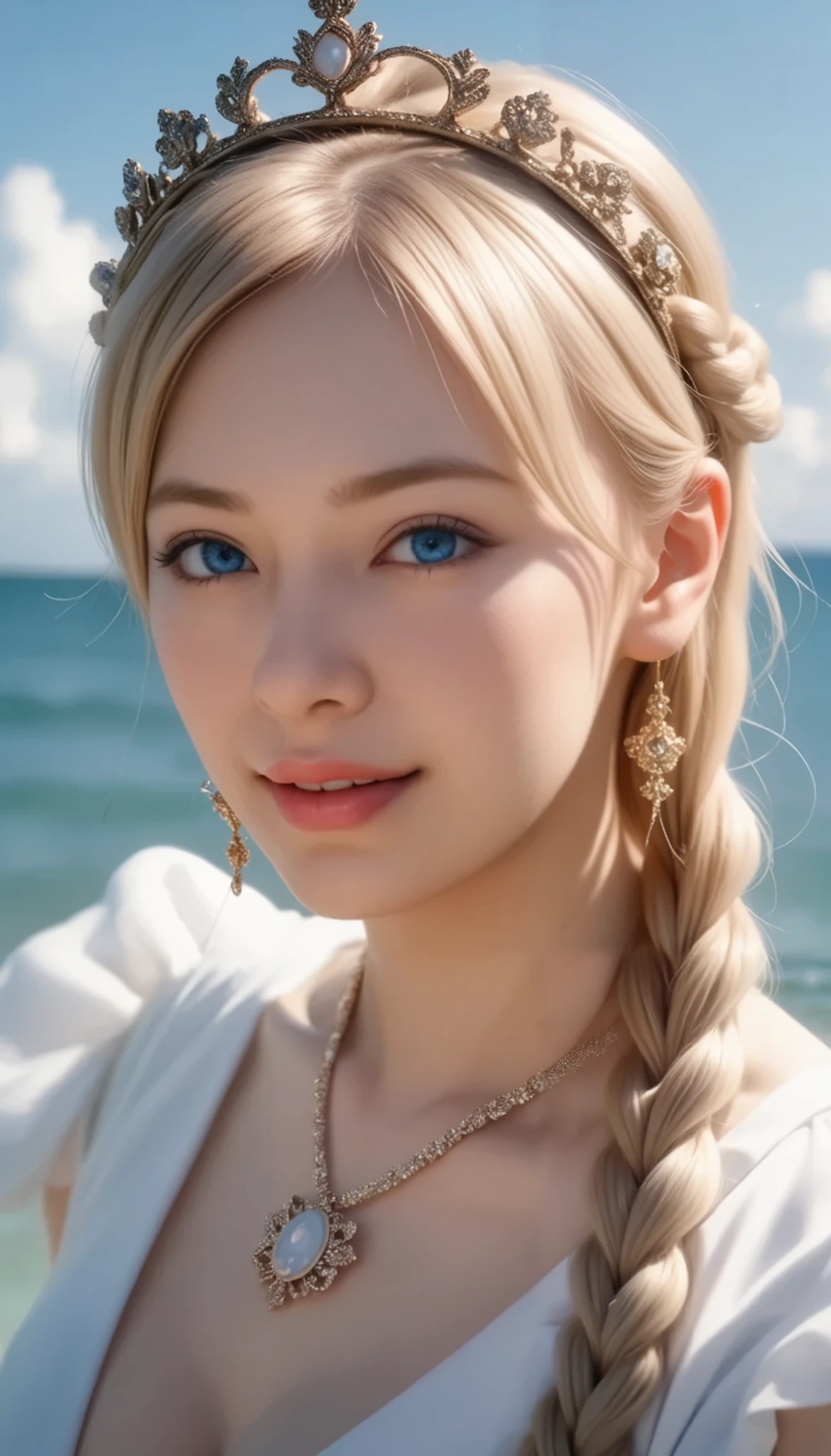 A girl came out of the sea , Princess Swan in Russian mythology , ((nudity)), Beautiful and calm face, blue eyes, Long blonde hair braided, The moon is woven into the hair at the back of the head., Old Russian shiny white clothes, with a Kokoshnik crown on her head, loving gaze, Half-laugh, gentle expression, Background seascape and sunlight, Seagulls in the sky , whole body, photorealism,