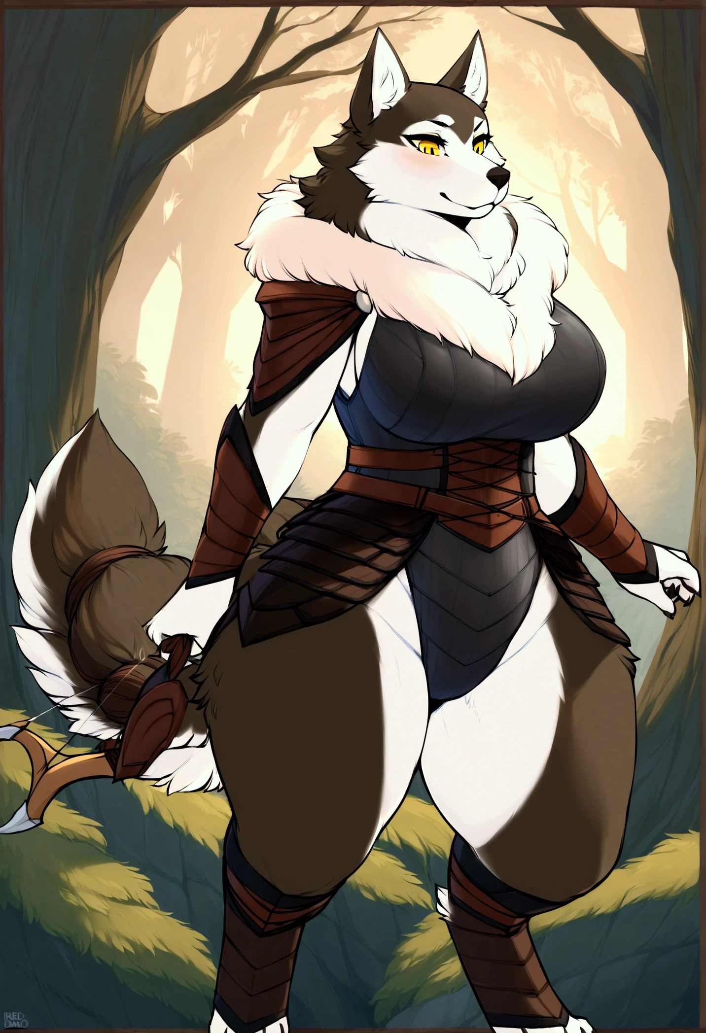 Chubby_muscular_timberwolf female gray_furry_body yellow_eyes thick_fur very_fluffy light_steel_armor brown_tunic brown_gloves brown_corset brown_loincloth brown_pants traveling_cloak solo Masterpiece best_quality absurdres highly_detailed cleanly_drawn_eyes anthro_only smug_grin large_breasts by_claweddrip, by_greasymojo, by_underscore-b, by_runawaystride