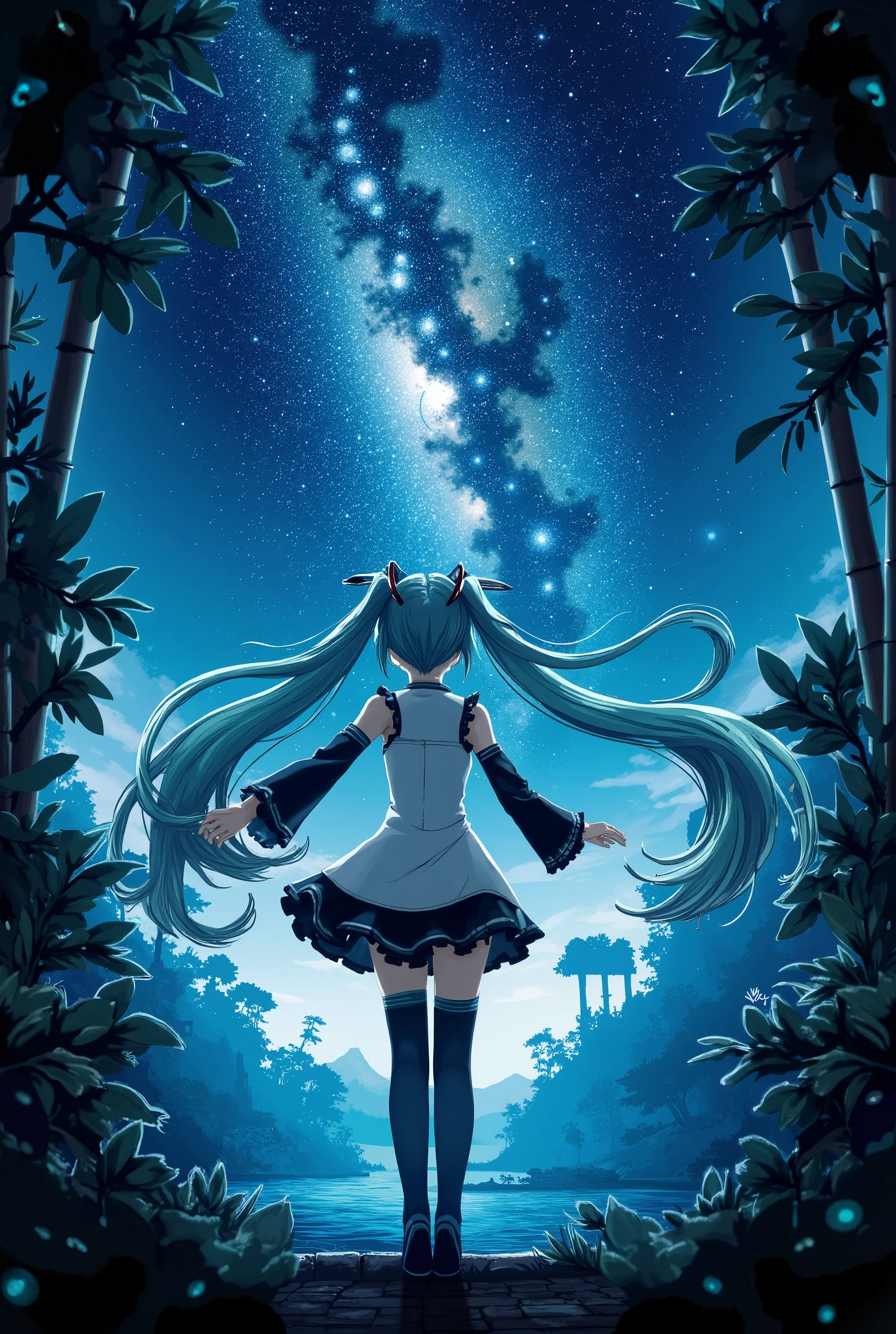 (Masterpiece、 top quality、 top quality、 official art for 4 people、  beautiful and beautiful  :1.2)、( one girl:1.3) Hatsune Miku、 twin tails, beautiful breasts, Mate Piece,   silhouette ,  Milky Way, Orihime's, logo, Monotony, moon,   double exposure,  Milky Way, Bamboo decoration,  depth of coverage, ( Holographic Gloss Effect), from below,  low angle shot,  Masterpiece,