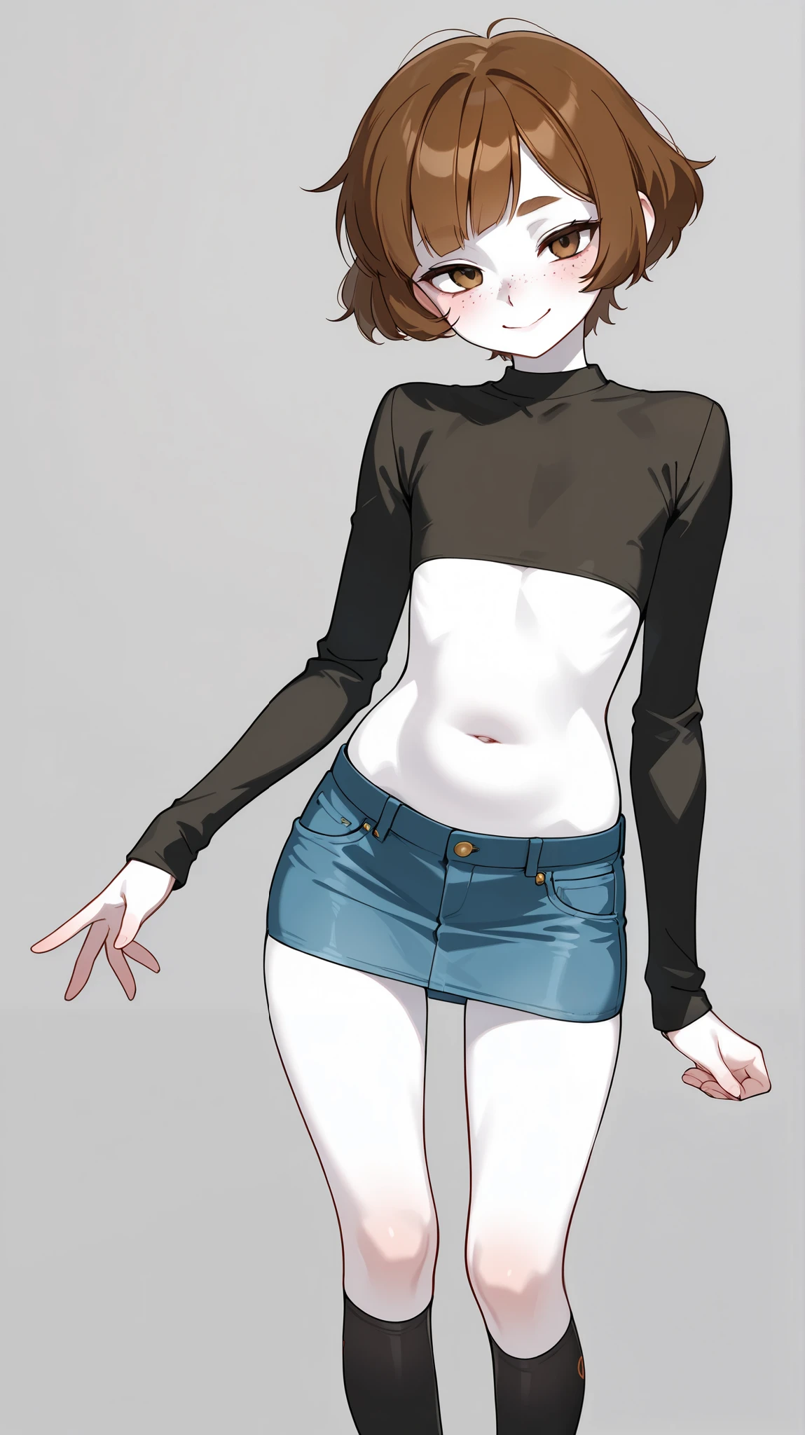 ((best quality)), ((masterpiece)), (detailed), 1girl, off-shoulder sweater, NSFW, small breasts, prominent collarbones, skinny arms, flat stomach, visible hip bones, long hair, ponytail, thick ponytail, heavy ponytail, red and white clothing, full body, whole body, body