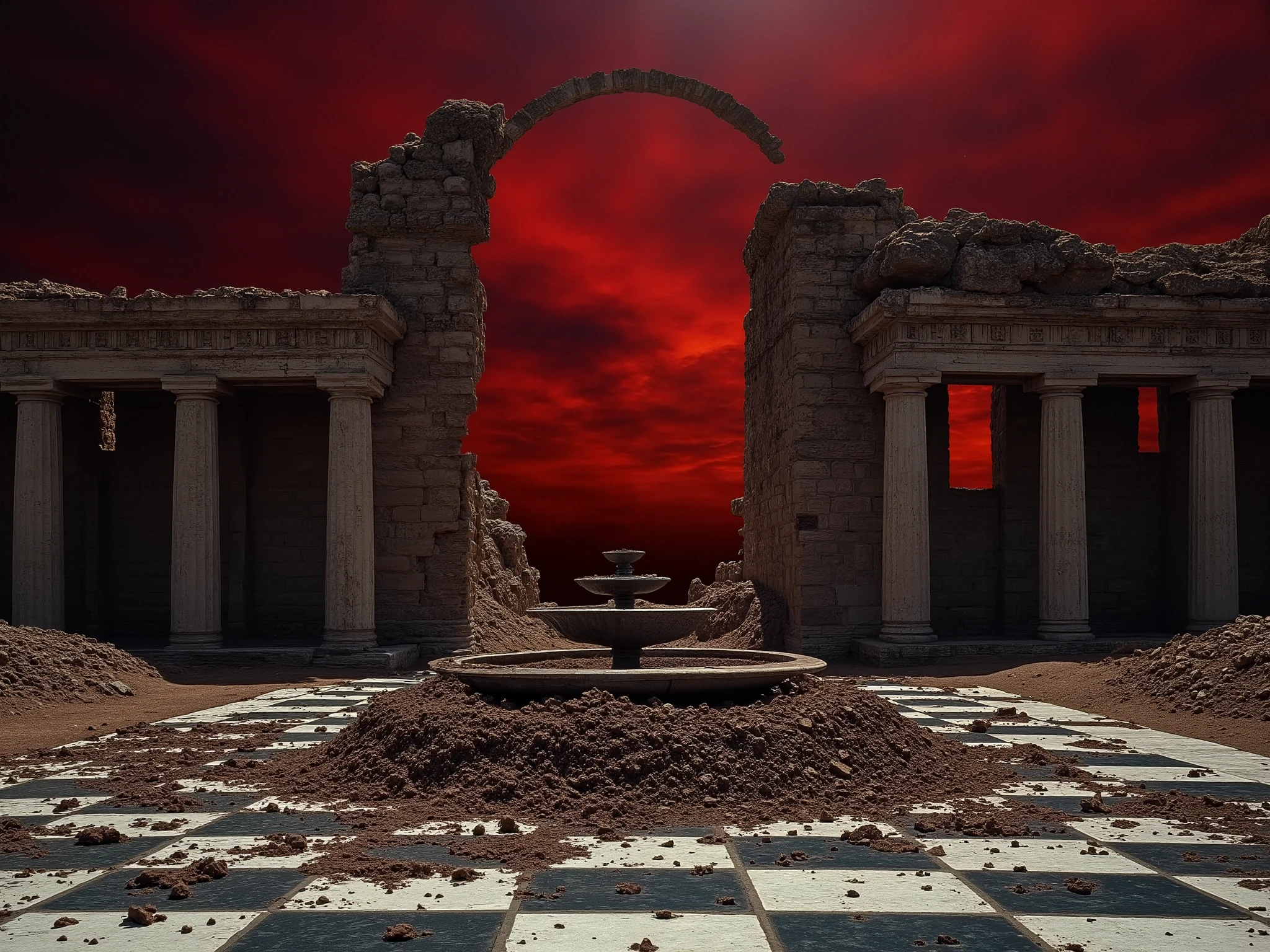 A Greek ballroom in ruins, The entrance is an arch in the classical architecture style made of marble. The place is delimited by four main broken walls that go up to about six meters high , there is debris everywhere as if the building had literally fallen to pieces . Here there is a mud floor that emerges From the cracks in the floor , a beautiful but old checkerboard floor between white and black . Stunningly beautiful people crawl out like pigs eating a rotten, worm-filled wash on the floor.
In the middle of the room there is something horrible , a grotesque fountain from which mud springs instead of water , around it is a pile of rotten meat . The sky is dark red, like in hell or in a volcanic cave. There are ghostly people hanging out there.