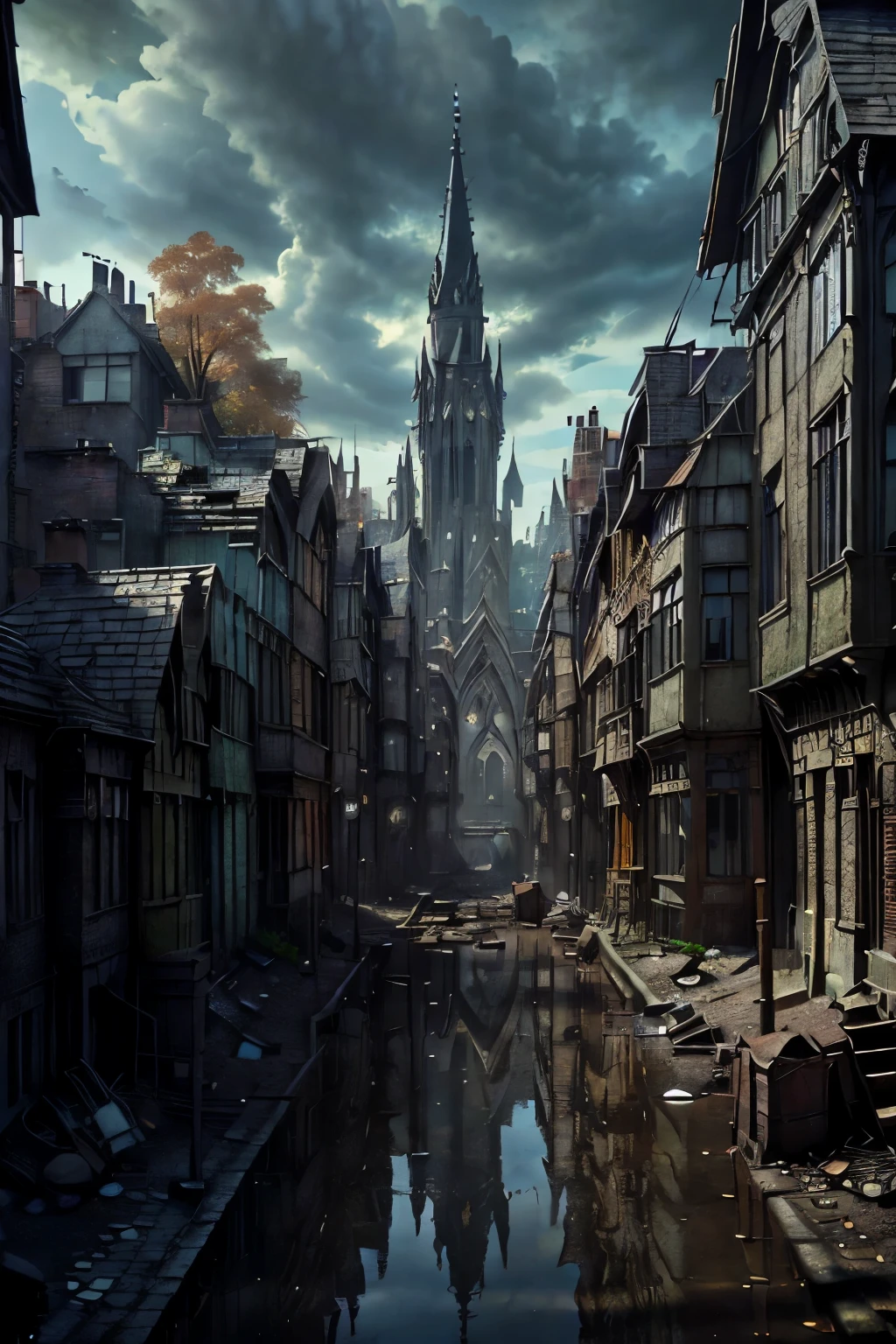 ((best quality)), ((masterpiece)), extremely detailed, delicate texture, aesthetic gothic collection, general term for (gothic architecture, art, fashion, literature, thought, style, and culture), gothichorrorai, (sinister), (dark), (gloomy), ((Victorian era)), ((gothic architecture)), ((street level)), ((pedestrian perspective)), ((a street level view)) of ((a ery narrow street, almost like an alleyway)), ((a dense slum like residential district of a gothic city)), ((the dark underbelly of the city)), ((the city proper rises and looms over like a canopy)), ((a mixture of rickety wood building structures and an older more permanent stone city foundation)), ((wooden walkways criss-cross above)), (the buildings rise up out of view), (the street before us is extemely narrow with a trickle of water and sewage runnoff flowing down the centre of the street)
