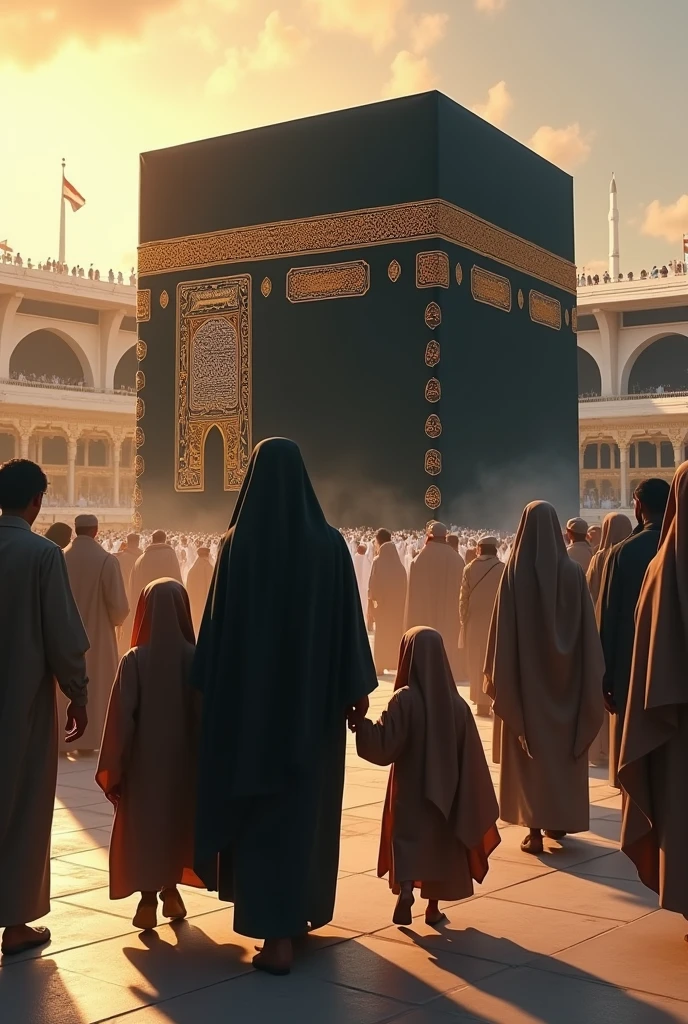 Please create an image depicting a family at the Kaaba: a husband, a veiled wife, two daughters, and a young son, 5 person family all together performing the pilgrimage.