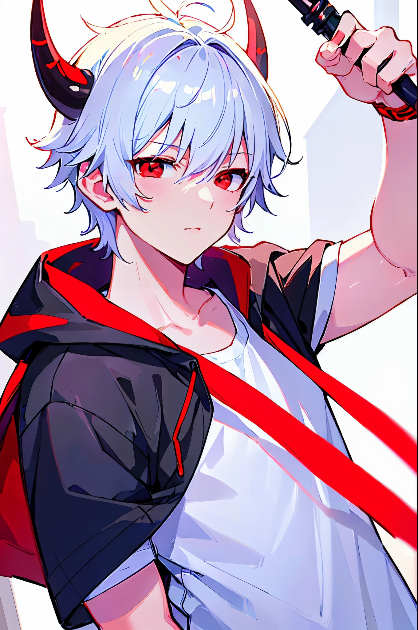 [(WHITE BACKGROUND:1.5),::5], ((((masterpiece)))), high quality, ultra_very_high_resolution, large_filesize, full color, (((solo boy))), ((oni younger boy)), (((White short hair))), red eyes, anime, (upper body), (oni horn), neon light, black parka,