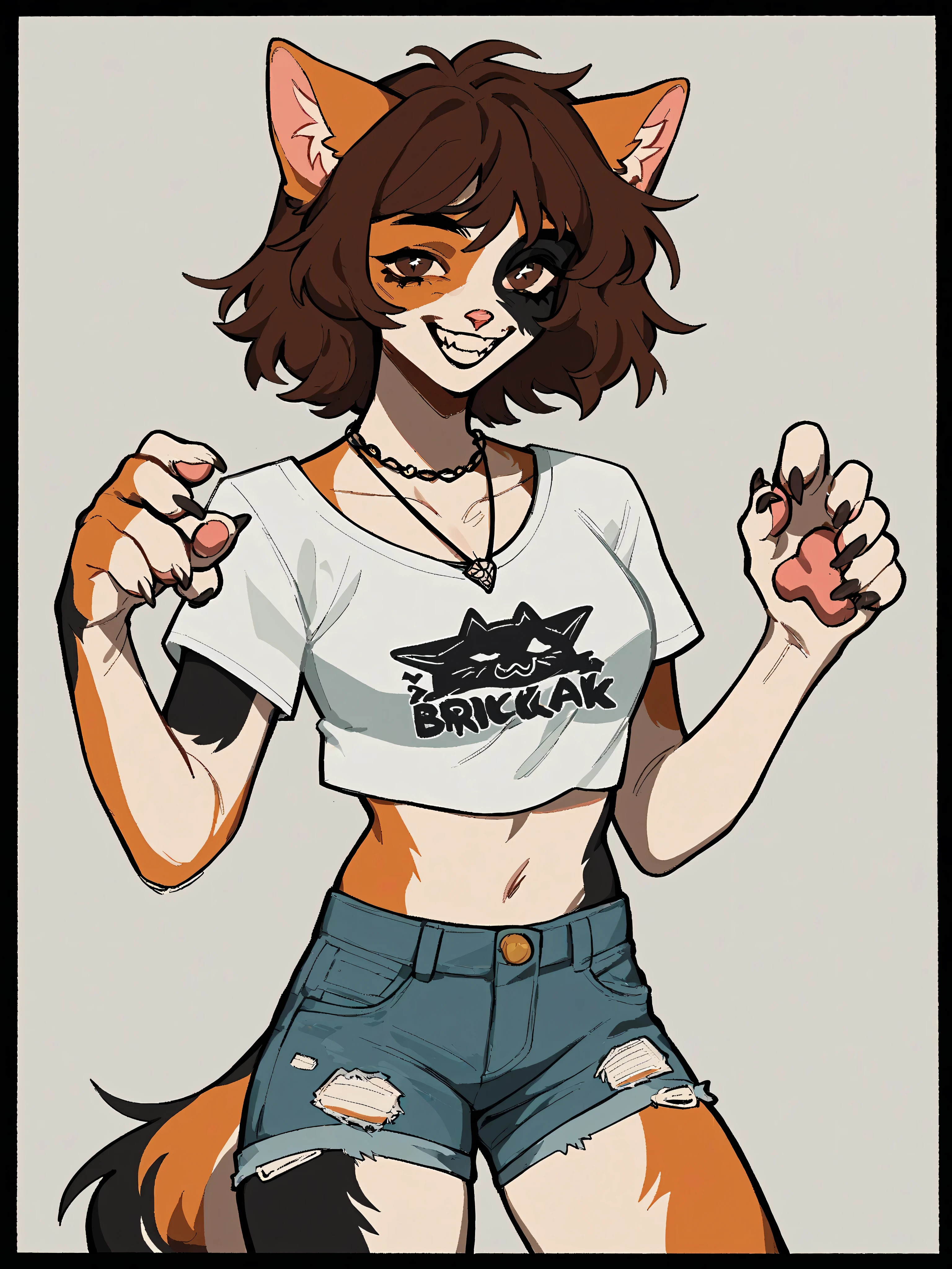 score_9, score_8_up, score_7_up, score_6_up, score_5_up, score_4_up,
BREAK
1girl, calico catgirl, orange, black, and white fur, cat ears, long fluffy tail, short brown hair, brown eyes, pink nose, white crop top, denim shorts, paw print necklace, playful, mischievous smile,
BREAK
solo, cute, energetic,
BREAK
simple background, soft pastel colors,