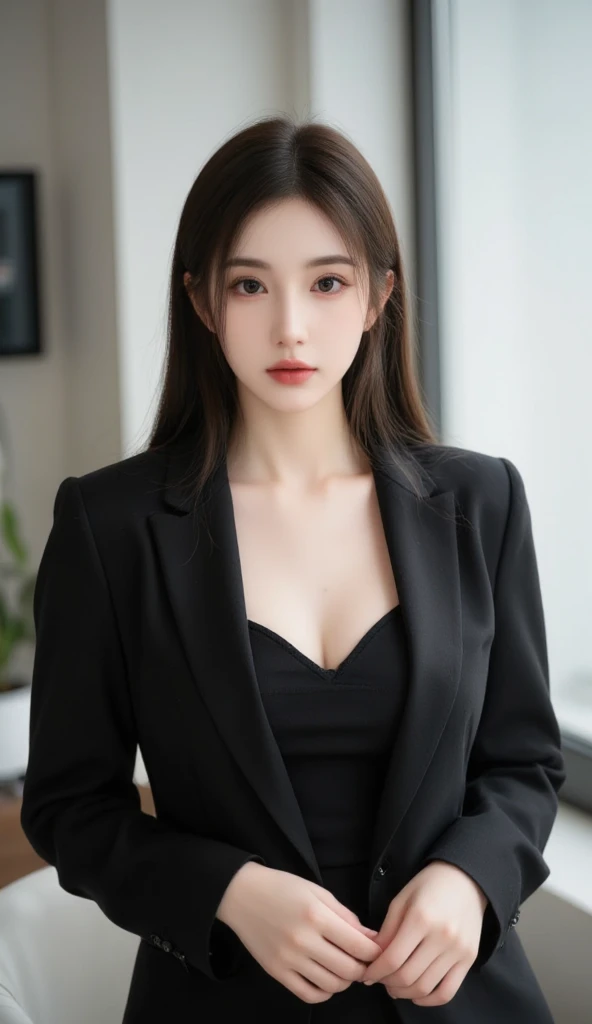 a woman, beautiful, amazing face and eyes, cosmetic, red glossy lips, (Wearing a black blazer),(Extremely detailed beautiful face),(best quality), (Super detailed), (Extremely detailed CG unified 8k wallpaper),original photo, Professional photography, (standing), (White background),(black hair),(big eyes),(Soft light source),(A little cleavage),(Wearing a black blazer）,small breasts,（Photos from the waist up),Suit shorts