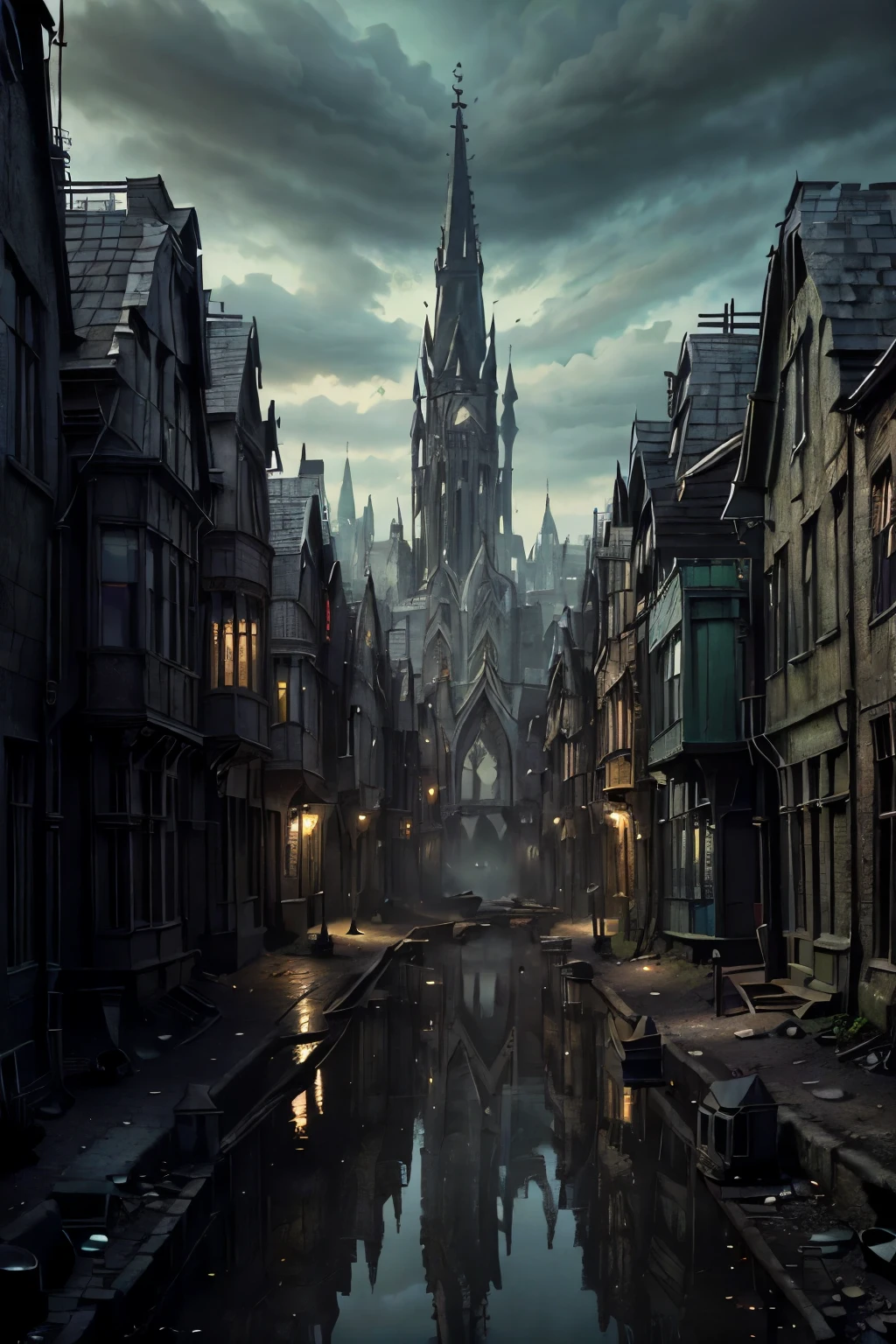 ((best quality)), ((masterpiece)), extremely detailed, delicate texture, aesthetic gothic collection, general term for (gothic architecture, art, fashion, literature, thought, style, and culture), gothichorrorai, (sinister), (dark), (gloomy), ((Victorian era)), ((gothic architecture)), ((street level)), ((pedestrian perspective)), ((a street level view)) of ((a very narrow street, almost like an alleyway)), ((a dense slum like residential district of a gothic city)), ((the dark underbelly of the city)), ((the city proper rises and looms over like a canopy)), ((a mixture of rickety wood building structures and an older more permanent stone city foundation)), ((wooden walkways criss-cross above)), (the buildings rise up out of view), (the street before us is extemely narrow with a trickle of water and sewage runnoff flowing down the centre of the street)