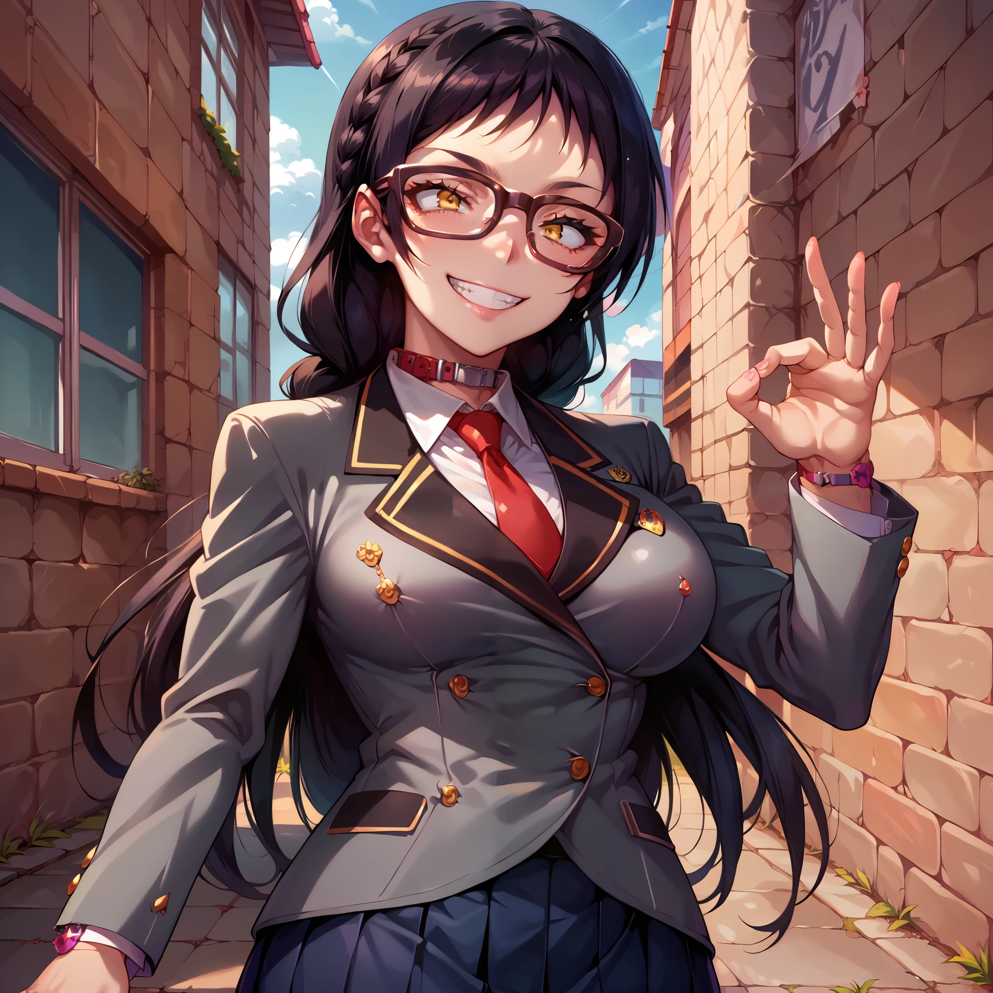 score_9, score_8_up, score_7_up, source_anime, shiny body, ayame_kajou, 1girl, glasses, solo, black hair, braid, long hair, yellow eyes, smile, school uniform, red necktie, blazer, skirt, collar, white shirt, large breasts, happy, grin, sex gesture, simple back ground