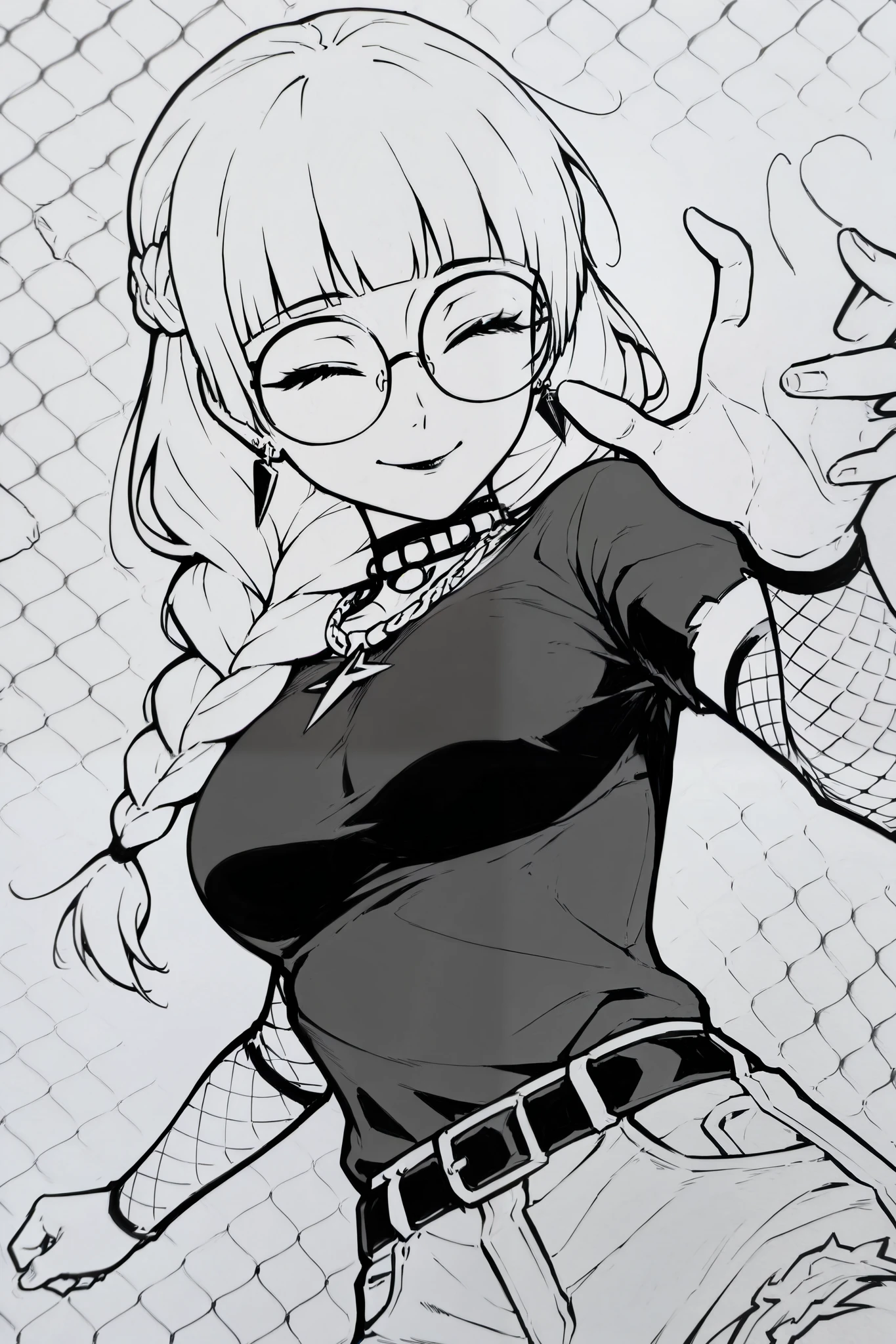 score_9, score_8_up, score_7_up, score_6_up, score_5_up, score_4_up,
BREAK
(masterpiece: 1.0), best quality, perfect anatomy, perfect composition, perfection, 4k resolution, absurdres, very aesthetic, professional artwork, absolutely beautiful, greyscale, lineart, monochrome
BREAK
1girl, round glasses, white hair, long eyelashes, long hair, braid over shoulder, blunt bangs, Cute, black lips, grey eyes, medium breasts, earrings, closed eyes, happy smile, black t-shirt with rock band design, necklaces, black belt, ripped jeans, big breasts, fishnet arm warmers, reaching out towards viewer, five fingers, foreshortening, dynamic angle, dynamic perspective