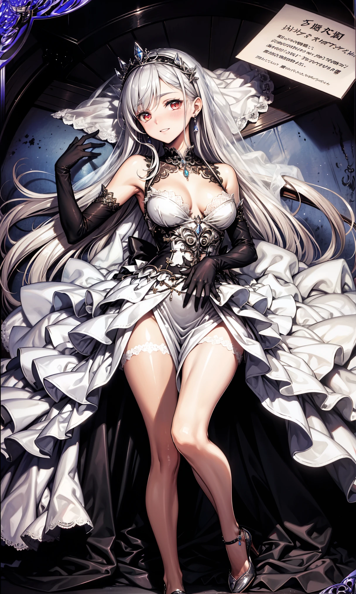 Queen, Arrogant, Tsundere, black knee length wedding dress ,There was something sprinkled on it , black heels , white wedding headband , Silver Hair, red eyes, Girlish feeling , Lace gloves, Ripped Clothes , joke , whole body, lying on the table, Black Crown , earring, ring, cream