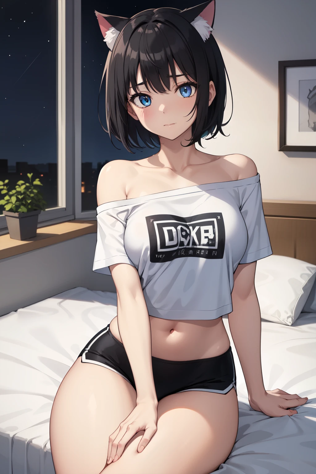 Lifting shirt to midsection with hands, blue eyes , black panties, brown hair, oversided t-shirt, 0, thigh high socks, thighs in frame, 2 hands, 2 arms, finger, midriff 