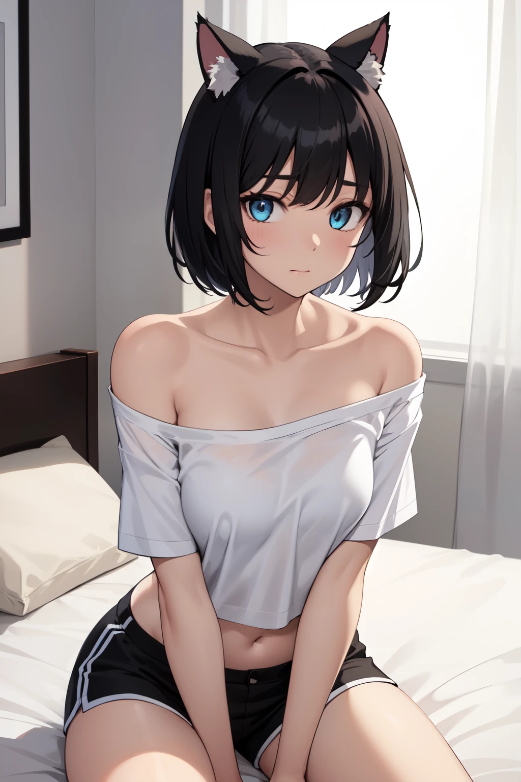 (masterpiece, highest quality:1.2), {best quality}, {very aesthetic}, {ultra-detailed}, {best illustration}, nsfw, wariza,One girl, Sitting on the bed, Bobcut, Bluish black hair、White sleeveless tank top，Blue Denim Shorts,