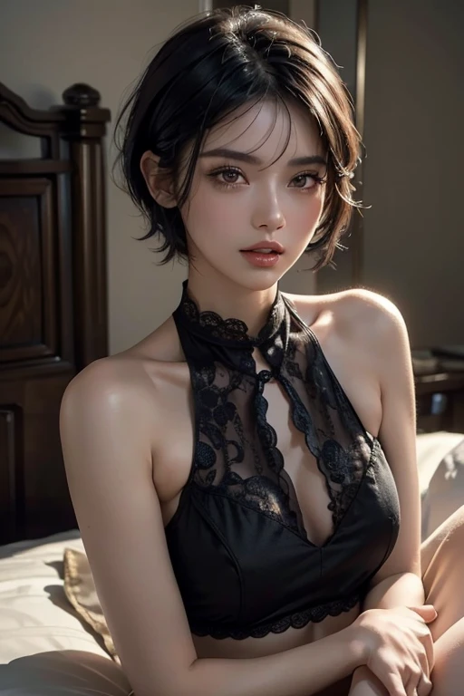 (masterpiece, best quality:1.4), (sitting on the bed:1.2), (erotic pose:1.3), , 1girl, solo, fubuki, black hair, green eyes, short hair, black dress, (black dress:1.8), dress, (fur coat), high collar, jewelry, necklace, off shoulder, taut clothes, taut dress, looking at viewer, beautifull smile, beautiful face, highly detailed face, highly detailed eyes, highly detailed skin, skin pores, subsurface scattering, realistic pupils, full face blush, full lips, detailed background, depth of field, volumetric lighting, sharp focus, absurdres, realistic proportions, good anatomy, (realistic, hyperrealistic:1.4), 16k hdr,