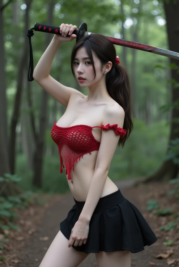 beautiful 、In the woods、Copa F、grow black gothic hornoda、dress、devil、With a giant sword、big breasts、bare breasts, exposing breasts、With a flame in my hand、mini skirt、garter belt、devilのコスプレ