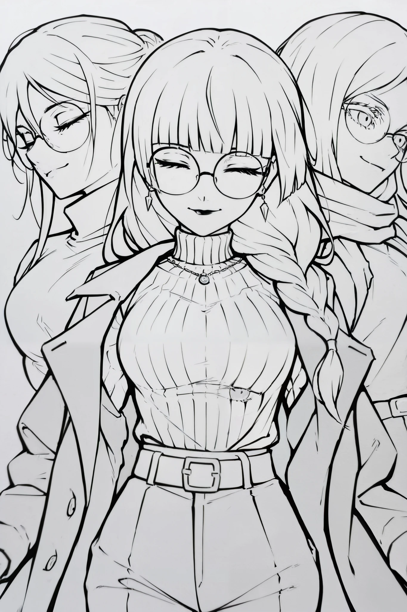 score_9, score_8_up, score_7_up, score_6_up, score_5_up, score_4_up,
BREAK
(masterpiece: 1.0), best quality, perfect anatomy, perfect composition, perfection, 4k resolution, absurdres, very aesthetic, professional artwork, absolutely beautiful, greyscale, lineart, monochrome
BREAK
1girl, round glasses, white hair, long eyelashes, long hair, braid over shoulder, blunt bangs, Cute, black lips, grey eyes, medium breasts, earrings, closed eyes, happy smile, overcoat, beautiful watch, belt, white dress pants, sweater, stripped scarf.