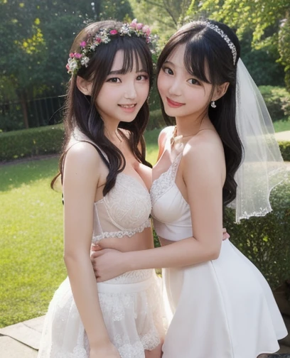 masterpiece, ((Highest quality))、wedding、(4 cute naked girls、A good friend、Standing side by side、kawaii:1.4、、smile:1.3、smile、Mr.々Hair style、pubic hair)、(((Full nudity、tits、Pussy)))、(Realistic and detailed skin texture、pale pastel wedding dresses:1.2、gem、hair ornaments、Veil、See-through)