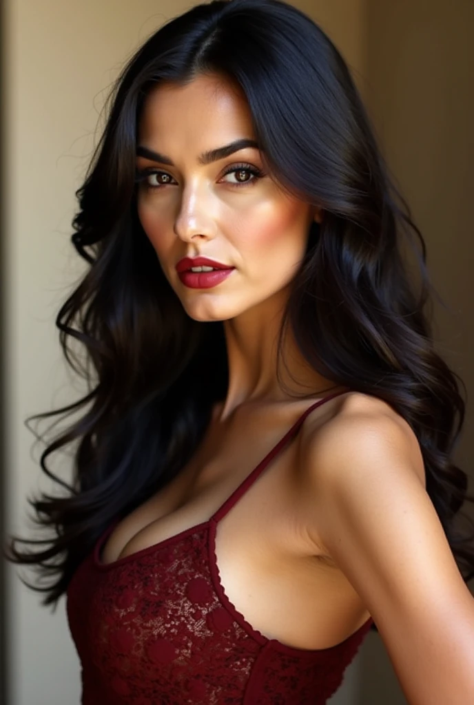 Imagem cativante de uma jovem esbelta com um sorriso encantador em estilo anime, com seios grandes. Com cabelo escarlate em um rabo de cavalo. With lush bright red lips. Lace Indigo Bra. In a sensual indigo corset with red patterns. Com pele fofa preta. Com uma mini saia inchada. Com meias pretas de renda. em um fundo neutro, pelada, nua, mixed features of Emmy Rossum and megan fox, cabelos ruivos.