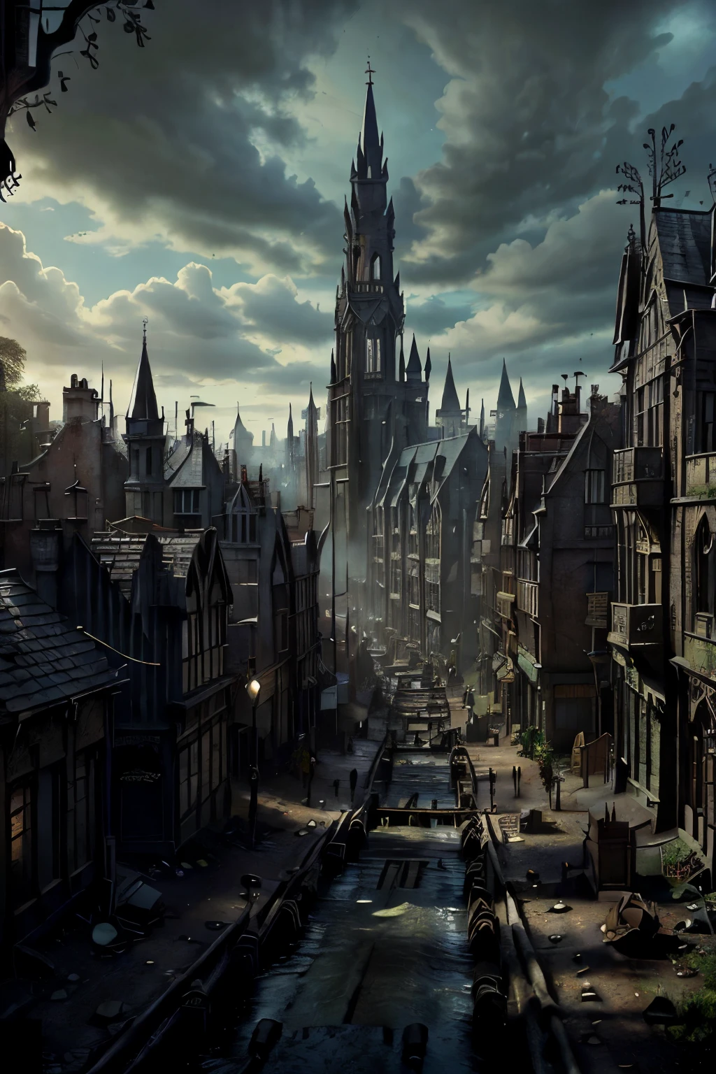 ((best quality)), ((masterpiece)), extremely detailed, delicate texture, aesthetic gothic collection, general term for (gothic architecture, art, fashion, literature, thought, style, and culture), gothichorrorai, (sinister), (dark), (gloomy), ((Victorian era)), ((gothic architecture)), ((street level)), ((pedestrian perspective)), ((a street level view)) of ((a very narrow alleyway)), ((a dense slum like residential district of a gothic city)), ((the dark underbelly of the city)), ((the city proper rises and looms over like a canopy)), ((a mixture of rickety wood building structures and an older more permanent stone city foundation)), ((wooden walkways criss-cross above)), (the buildings rise up out of view), (the street before us is extemely narrow with a trickle of water and sewage runnoff flowing down the centre of the street)