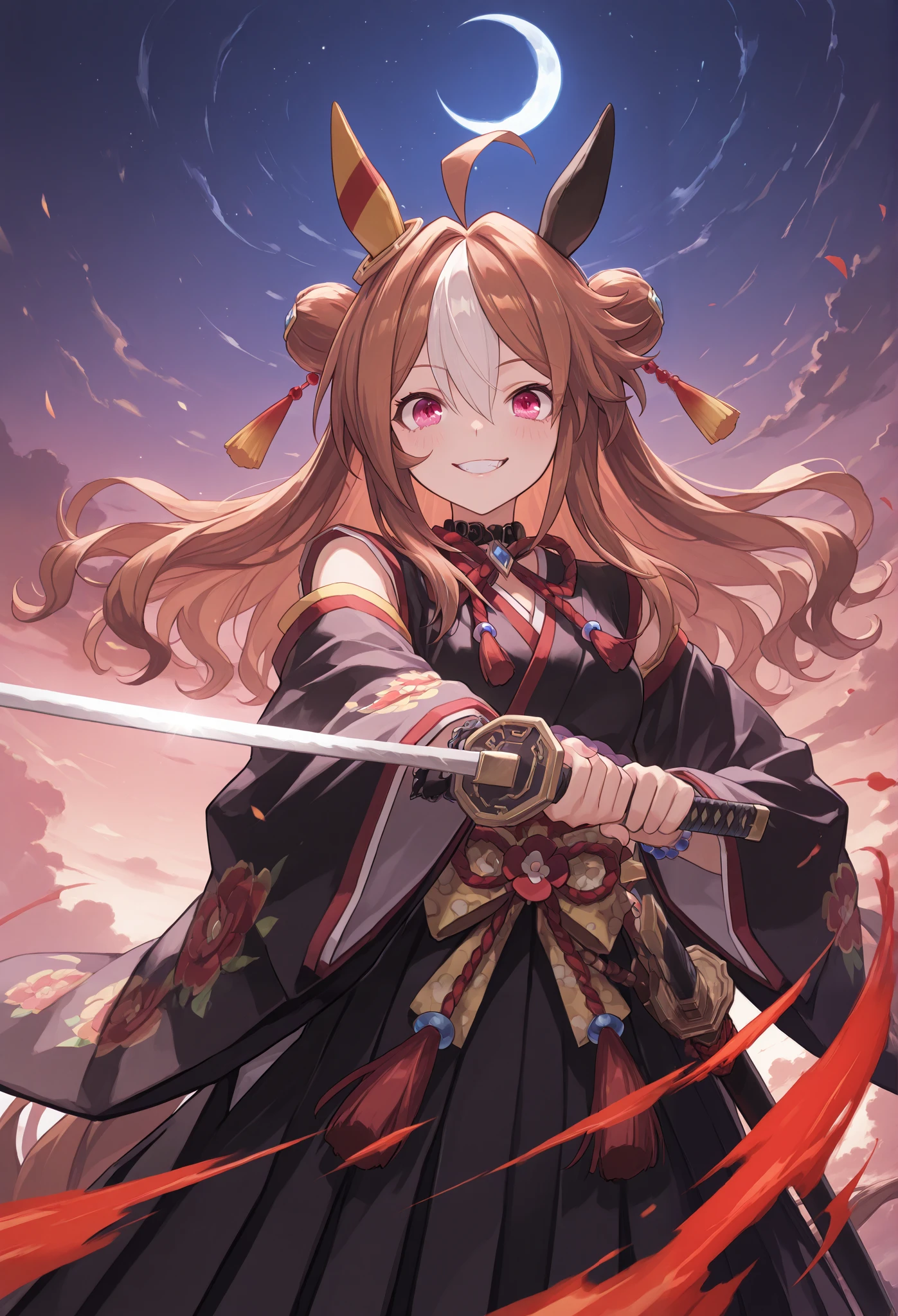 {{{Racecourse:1.6}}} {{{ 【 focuses on the upper body :1.5}}},( high resolution),( high resolution), (unity 8k wallpaper),( detailed image ), {{{Type Moon :1.7}}},((draw:1.5)), Copano Rickey\( Uma Musume\) , },{ seductive smile } \( Uma Musume\),
,{{{ Crazy Smile :1.6}}},{{{Demon King :1.6}}}},{{ heavy cloak with collar }}},{{{ kimono:1.8}}}:{{{Oiran:1.5}}},{{{ Demon Horn :1.7}}},{{{ big Japanese sword}}},{Onigashima},{ Crescent Moon and Clouds },{ Attack with a Japanese sword } 「 Warrior attacking with a sword 」
「 swordsmen who hold up swords and launch attacks 」
「 swords where samurai have devil horns on their heads 」
「Ninja who slashes with sharp swords 」