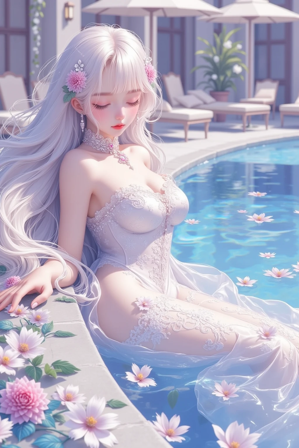 ((top quality)),(ultra high resolution),(Super detailed),(detailed description),((the most picturesque works of art),super precision art,amazing art of depiction,fantasy art:1.5, ((綺麗なおflower々:1.8)), (flowerに侵食された体:1.3),(glamorous body:1.5),fancy background effects、masterpiece、fancy details、(NSFW 1.1), ((1 female)), ((muste piece)), ((extremely detailed:1.3)), ((Beautiful woman entering the lake in crystal clear water)), ((long beautiful hair)), wet hair, wearing a transparent dress, Bathing clothed, (水に浮かぶバラのflowerびら:1.5), (early morning light), ivory gold AI, windows, crepuscular lighting, Lace sheer lingerie、(very huge boobs)、pink nipples、pink areola,透けて見えるpink nipples、透けて見えるpink areola、Sheer panties with lace and strings、Sexy transparent lingerie with lace and strings,See-through sexy lingerie that shows your skin,Transparent sexy lingerie、((Transparent pure white wedding dress that shows your skin))、pearl accessories、sexy pure white harness、sexy pure white garter belt、sexy pure white stockings、Arranged,intimate, rose garden、colorful roses、lake with floating roses、Lying down、soak in water、wet body、ゴージャスなflowerの装飾、大きなflowerいっぱい、Stylish Hairstyles、solo, water play, flowerいっぱいの髪飾り, flower々, sky porn,Pure white dress that becomes transparent when wet, shines wet with water、(muste piece),(Highly detailed CG Unity 8K wallpaper),best quality,cinematic lighting,detailed background,beautiful detailed eyes,bright pupils, (very delicate and beautiful),(Beautiful and detailed eyes),((muste piece)),(red eyes)
