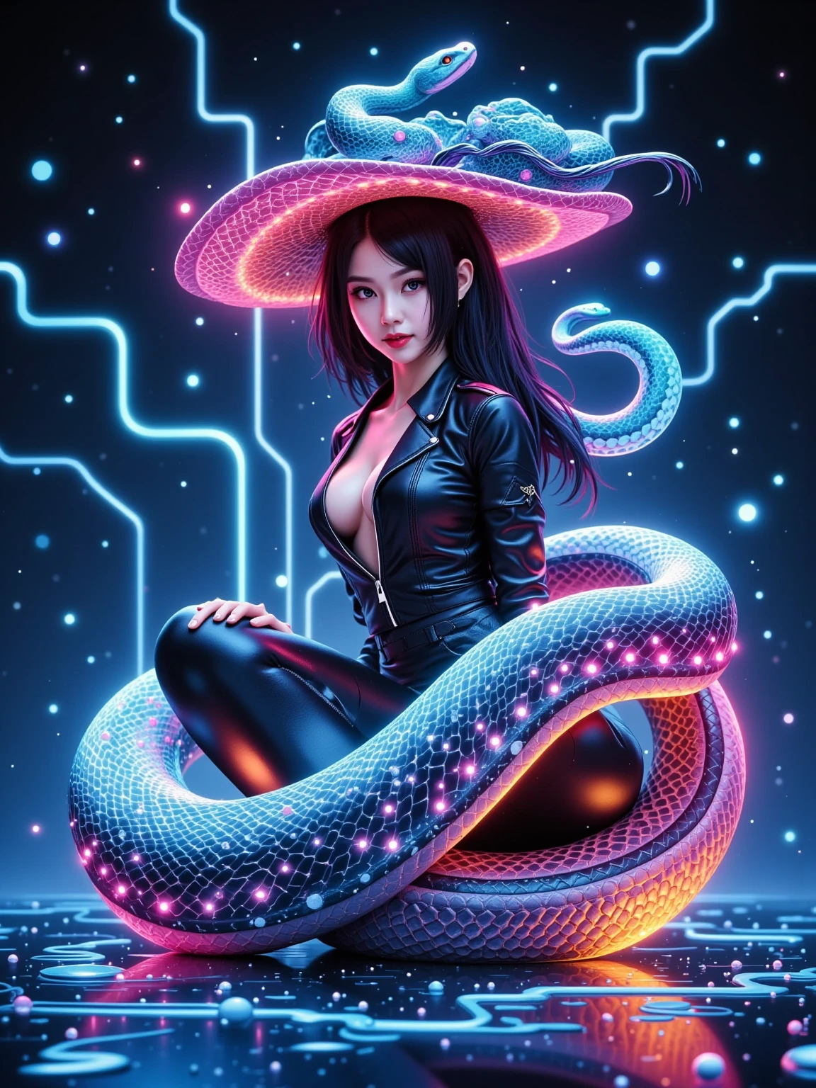 top quality, future world, State-of-the-art robot, Beautiful Woman in mimic, Transformed into a cyborg except for the face, sexy images, (((traditional mimic))), tentacle monster, monster creator,