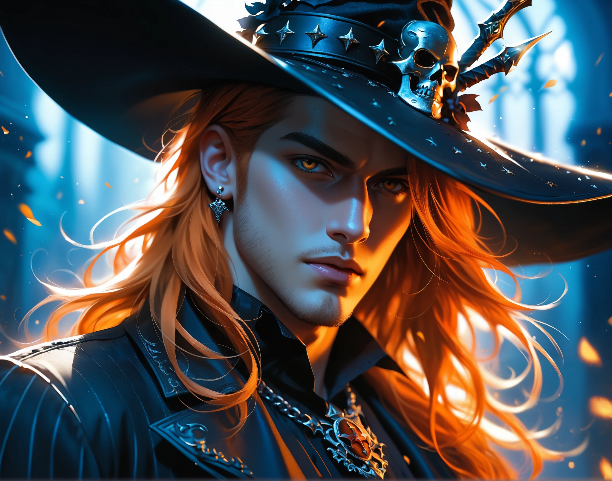 score_9, score_8_up, score_7_up, there is a man with a hat and a sword in his hand, alucard, vampire hunter d, beautiful male god of death, very long orange hair, portrait dark witch, fashionable dark clothing, gothic fantasy art, gothic art, dark fantasy style art, beautiful digital artwork, stunning digital art, dark fantasy art, dark male character, 12k, ultra-detailed