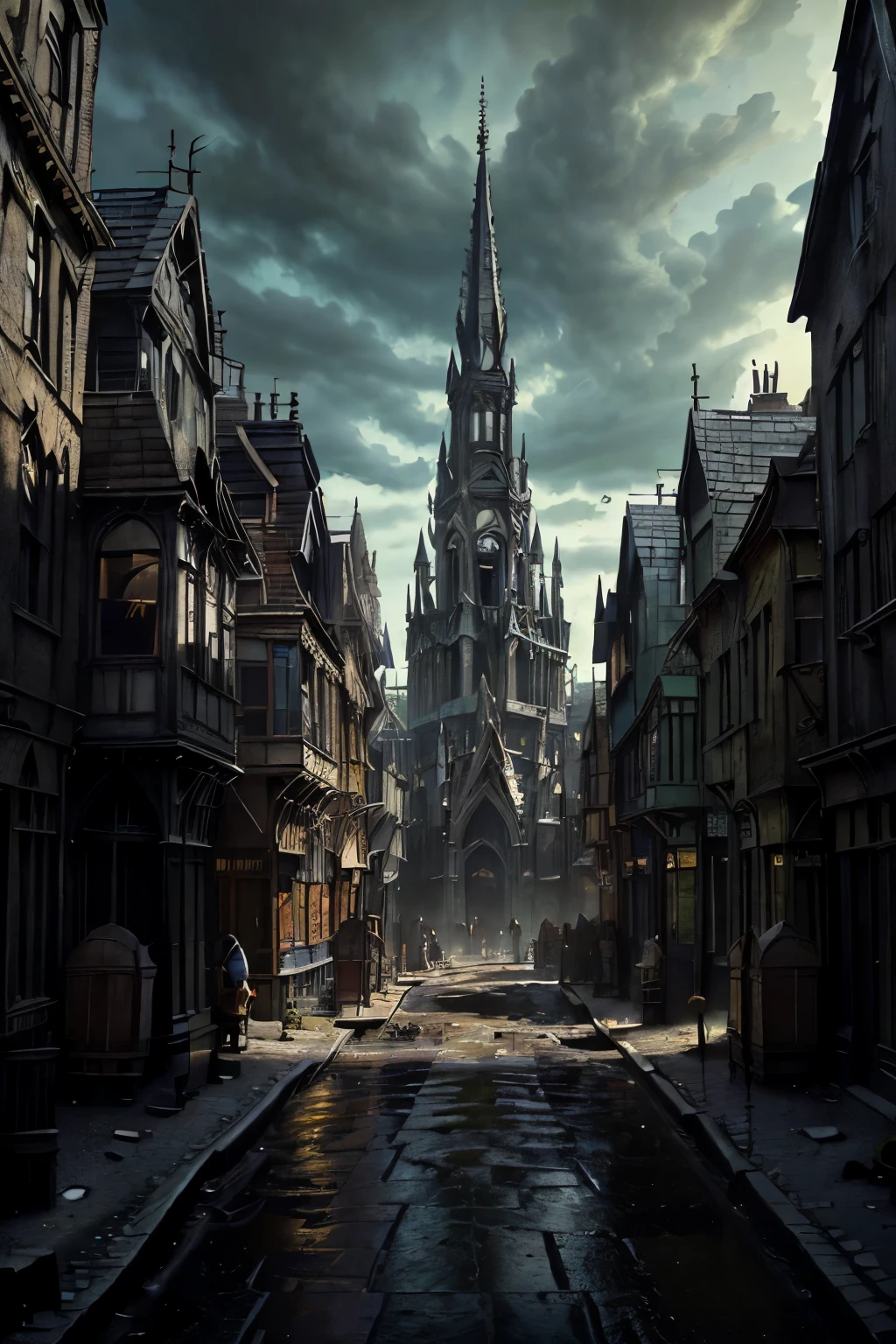 ((best quality)), ((masterpiece)), extremely detailed, delicate texture, aesthetic gothic collection, general term for (gothic architecture, art, fashion, literature, thought, style, and culture), gothichorrorai, (sinister), (dark), (gloomy), ((Victorian era)), ((gothic architecture)), ((street level)), ((pedestrian perspective)), ((a street level view)) of ((a very narrow and crowded alleyway)), ((a dense slum like residential area of a gothic city)), ((the dark underbelly of the city)), ((the city proper rises and looms over like a canopy)), ((a mixture of rickety wood building structures and an older more permanent stone city foundation)), ((wooden walkways criss-cross above)), (the buildings rise up out of view), (the street before us is extemely narrow with a trickle of water flowing down the centre of the street)