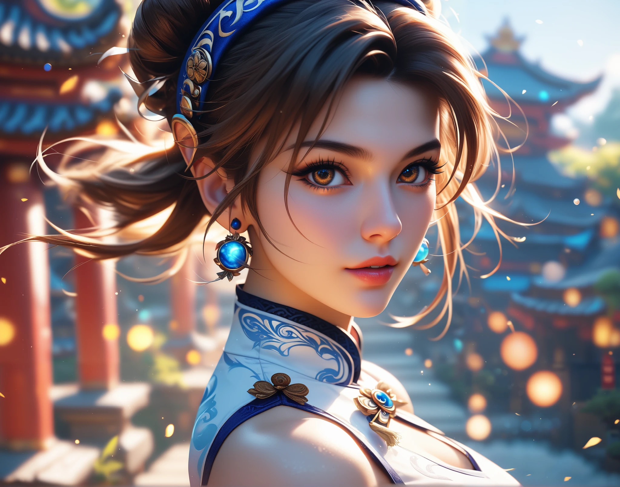 Beautiful Xianghua from Soul Calibur, short brown hair with long side strands, mesmerizing brown eyes, white Chinese style dress with blue and gold ornate details, hair band, light bokeh, Chinese temple background, finely detailed eyes, stunning visuals, Best quality, masterpiece, ultra high res