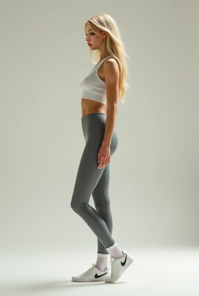 ((High definition, masterpiece, 8k, digital photography)), ((Realistic)), ((Full body)), natural illumination, a young girl, ((Cute face, young face)), blonde, pale skin, (standing), slender body, slim body, ((Yoga outfit)), ((Barefoot)), ((Looking at viewer)), ((White background))